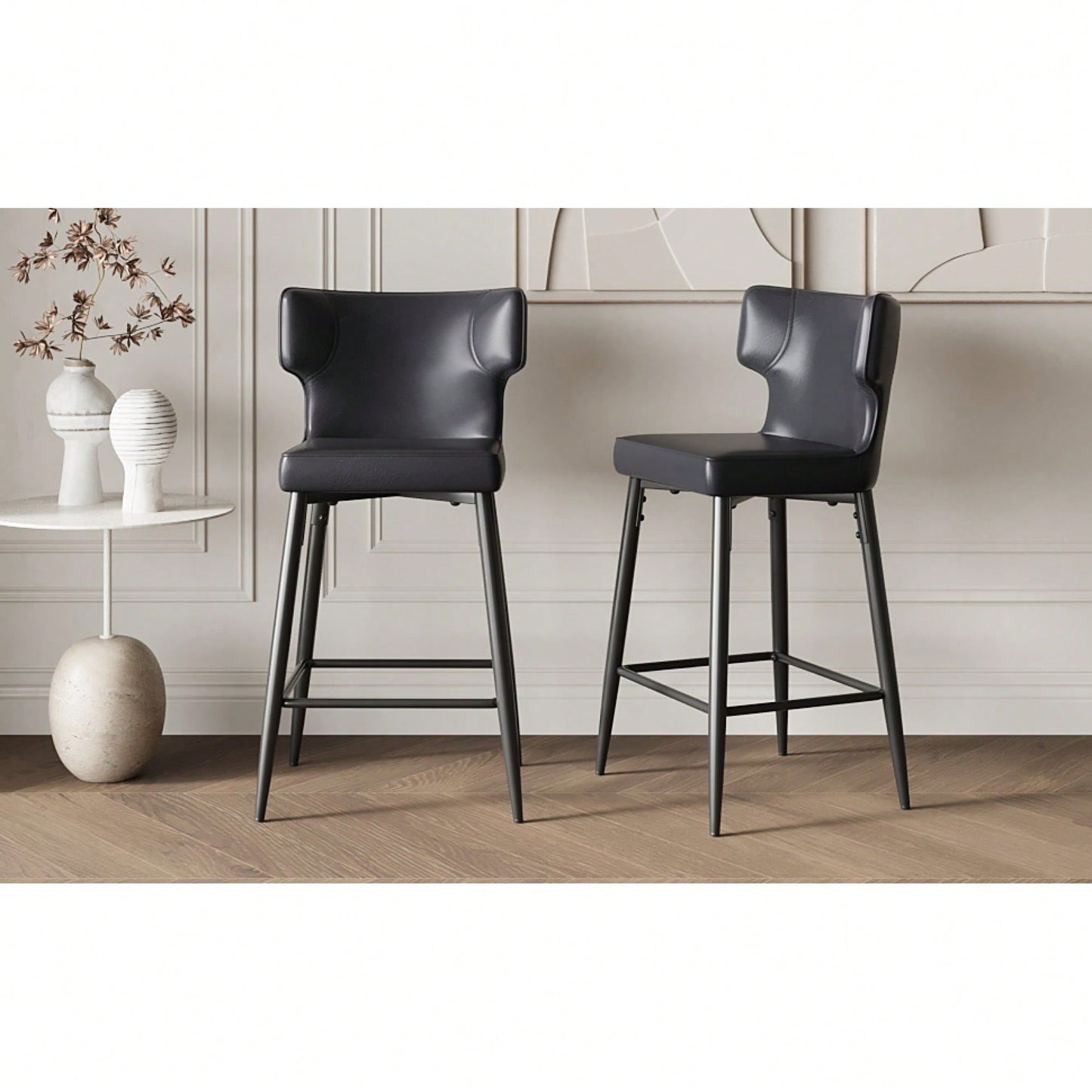 Modern 28 Inch Counter Height Bar Stools Set Of 2 With PU Leather Upholstery And Metal Footrest For Kitchen Island And Dining Room Gray