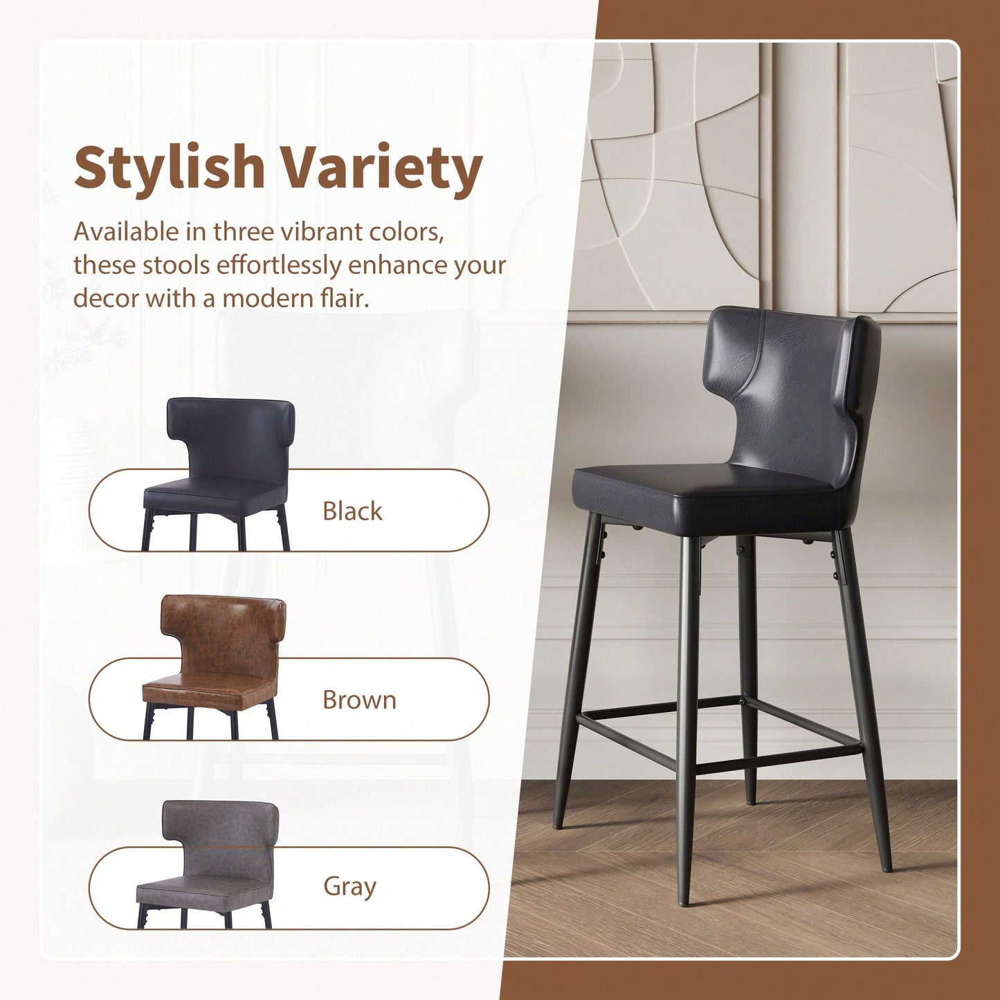 Modern 28 Inch Counter Height Bar Stools Set Of 2 With PU Leather Upholstery And Metal Footrest For Kitchen Island And Dining Room Gray