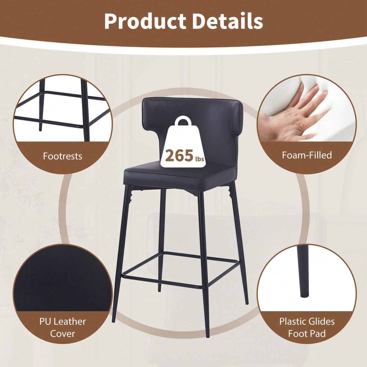 Modern 28 Inch Counter Height Bar Stools Set Of 2 With PU Leather Upholstery And Metal Footrest For Kitchen Island And Dining Room Gray