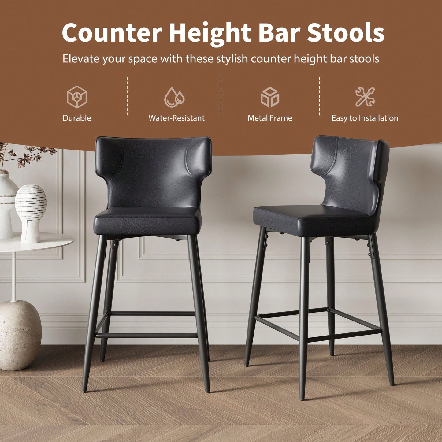 Modern 28 Inch Counter Height Bar Stools Set Of 2 With PU Leather Upholstery And Metal Footrest For Kitchen Island And Dining Room Gray