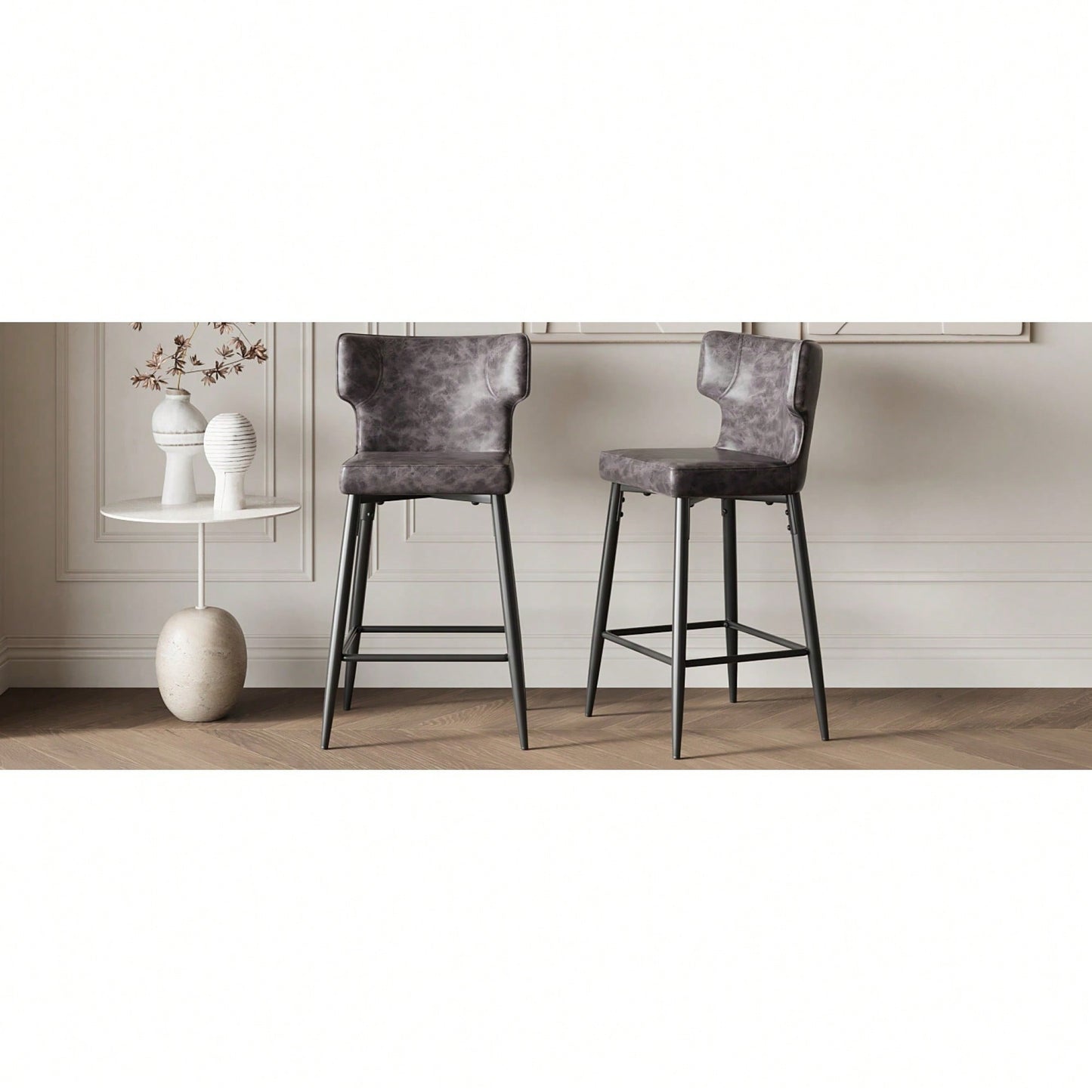Modern 28 Inch Counter Height Bar Stools Set Of 2 With PU Leather Upholstery And Metal Footrest For Kitchen Island And Dining Room Gray
