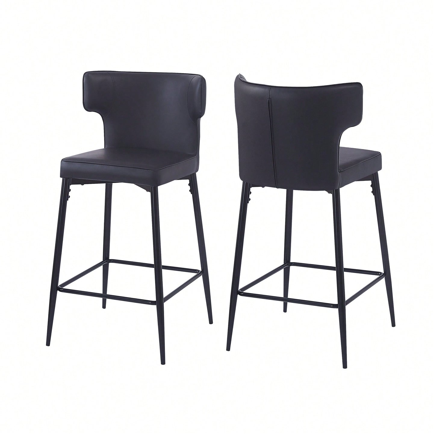 Modern 28 Inch Counter Height Bar Stools Set Of 2 With PU Leather Upholstery And Metal Footrest For Kitchen Island And Dining Room Gray