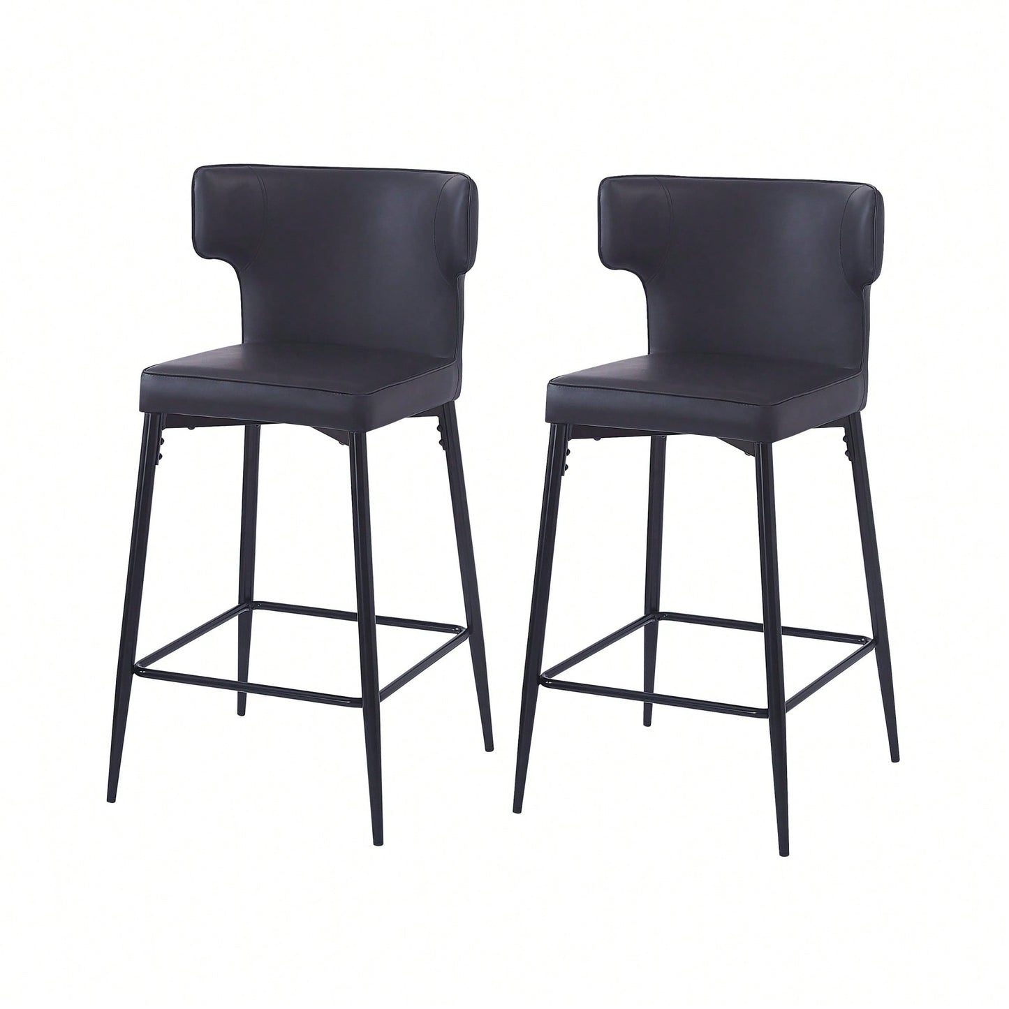 Modern 28 Inch Counter Height Bar Stools Set Of 2 With PU Leather Upholstery And Metal Footrest For Kitchen Island And Dining Room Gray