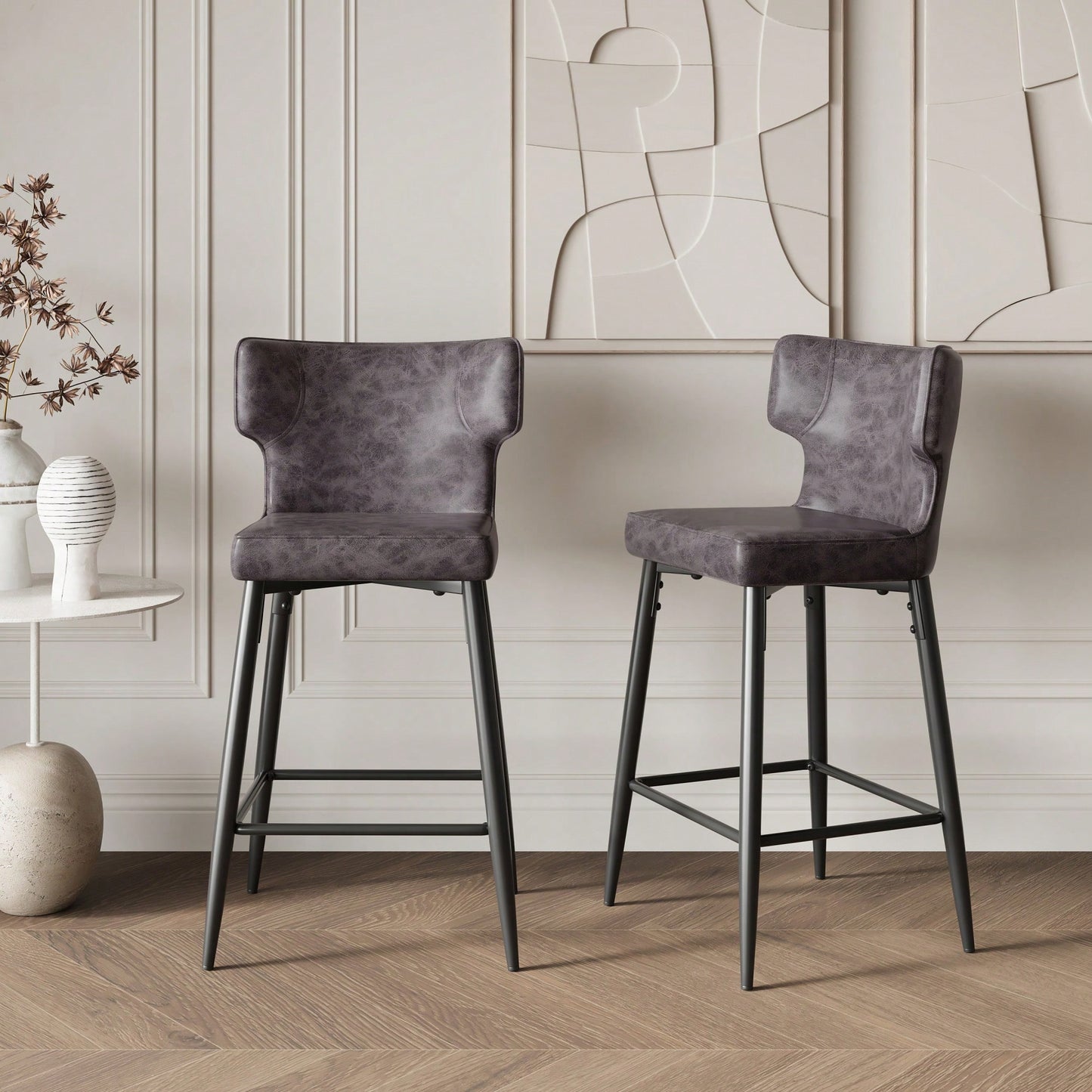 Modern 28 Inch Counter Height Bar Stools Set Of 2 With PU Leather Upholstery And Metal Footrest For Kitchen Island And Dining Room Gray
