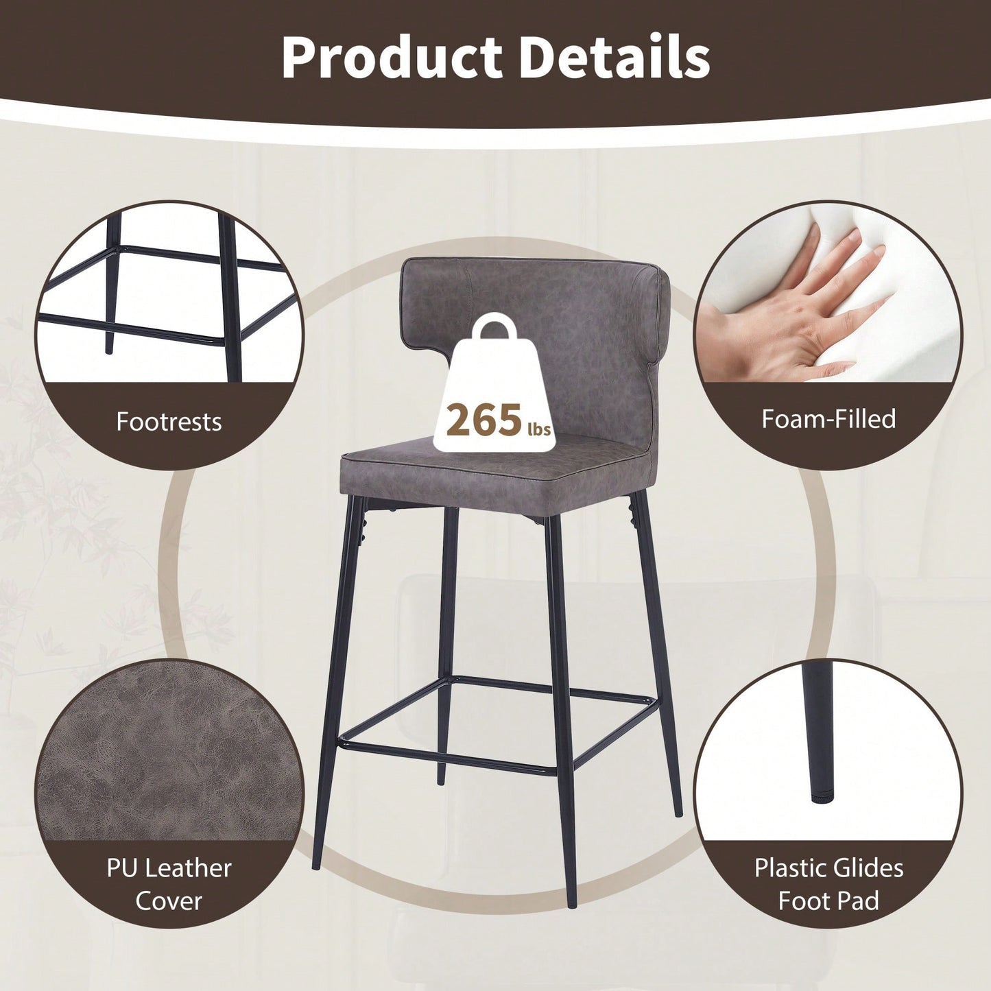 Modern 28 Inch Counter Height Bar Stools Set Of 2 With PU Leather Upholstery And Metal Footrest For Kitchen Island And Dining Room Gray