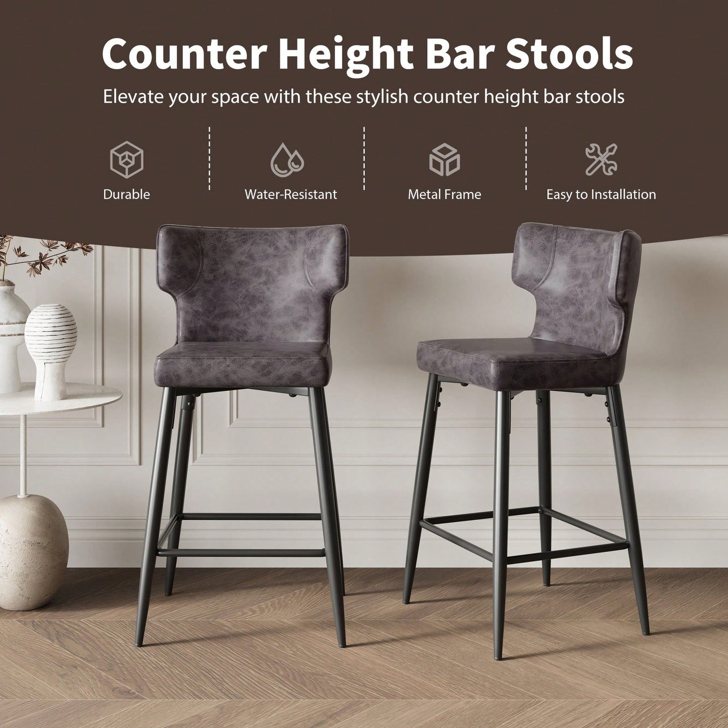 Modern 28 Inch Counter Height Bar Stools Set Of 2 With PU Leather Upholstery And Metal Footrest For Kitchen Island And Dining Room Gray
