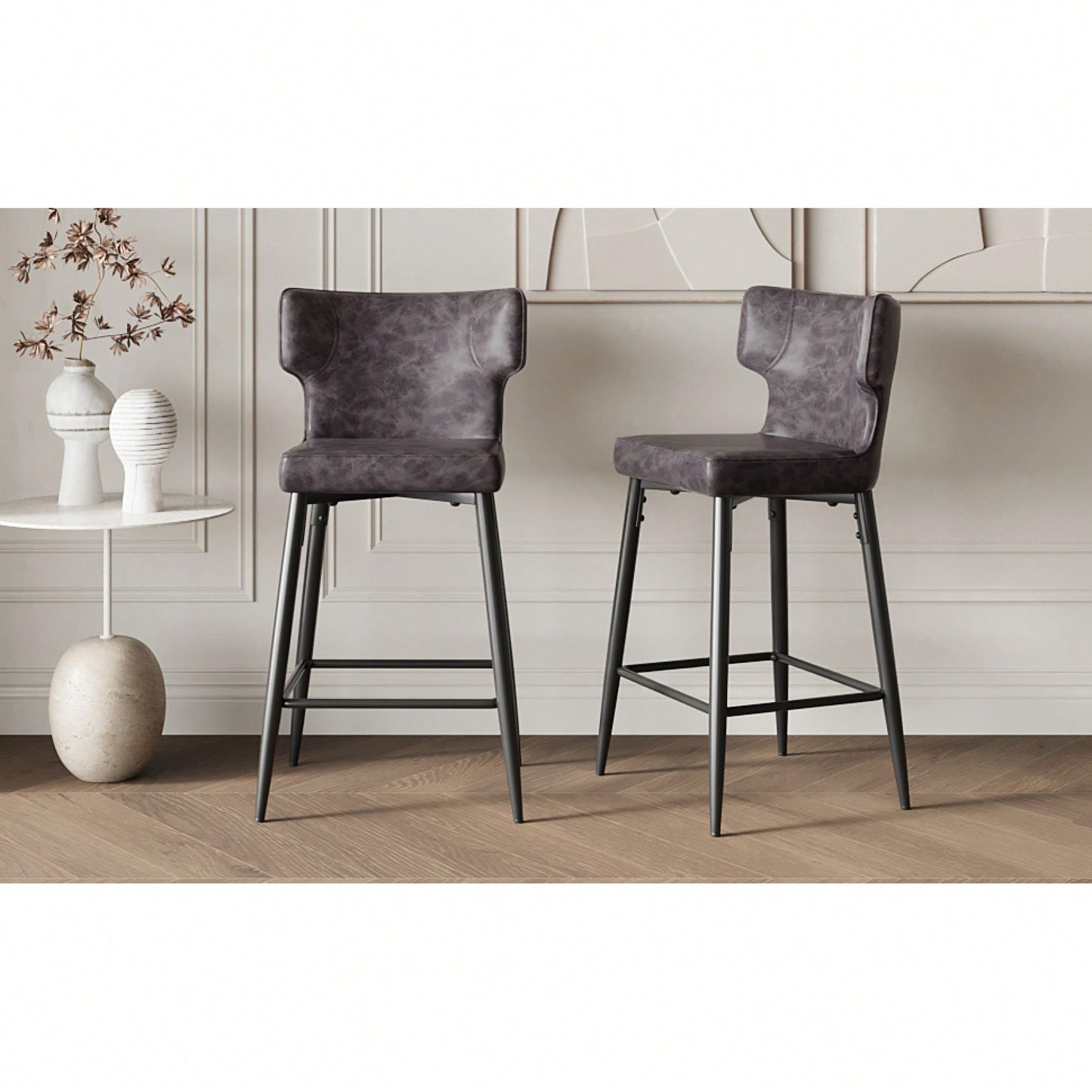 Modern 28 Inch Counter Height Bar Stools Set Of 2 With PU Leather Upholstery And Metal Footrest For Kitchen Island And Dining Room Gray