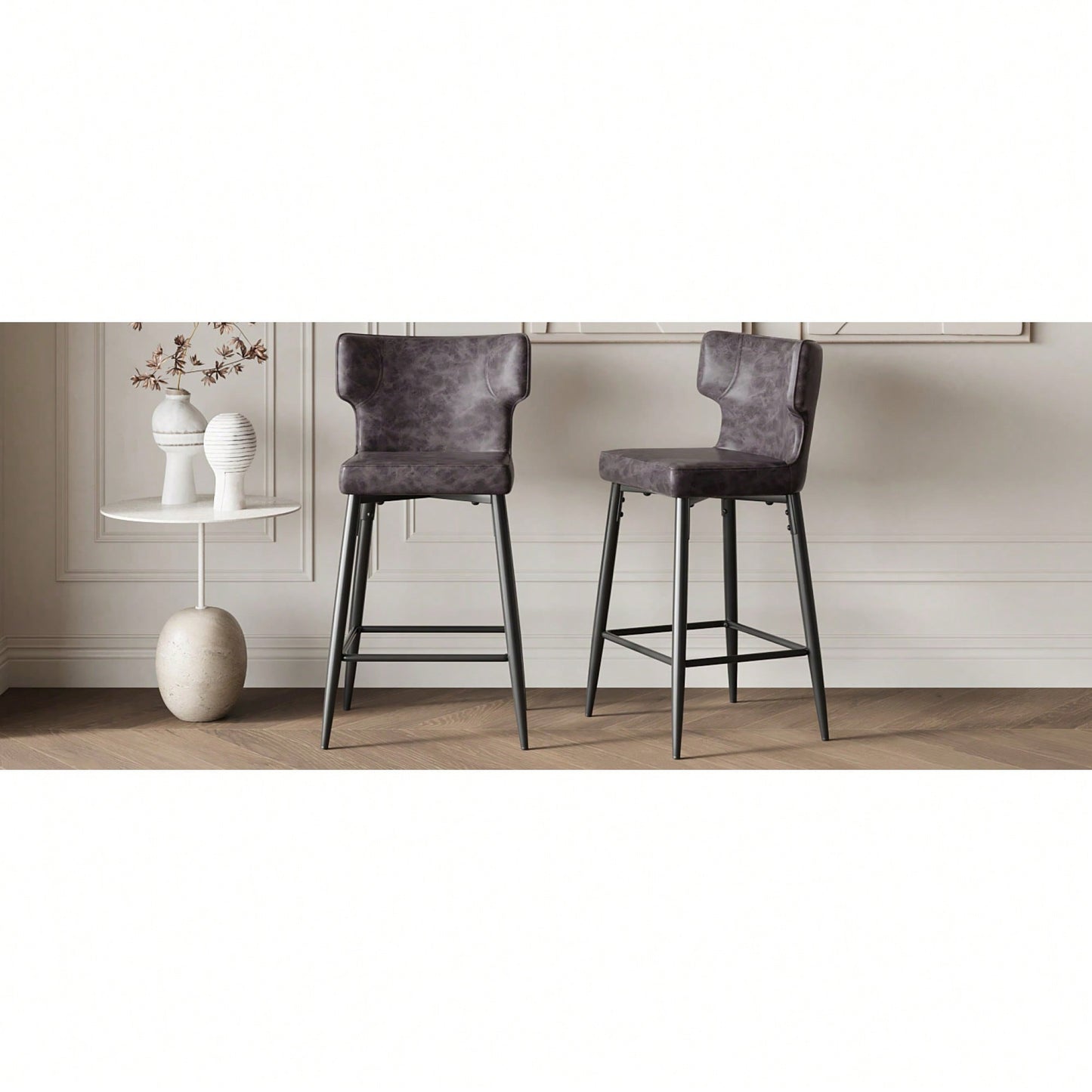 Modern 28 Inch Counter Height Bar Stools Set Of 2 With PU Leather Upholstery And Metal Footrest For Kitchen Island And Dining Room Gray