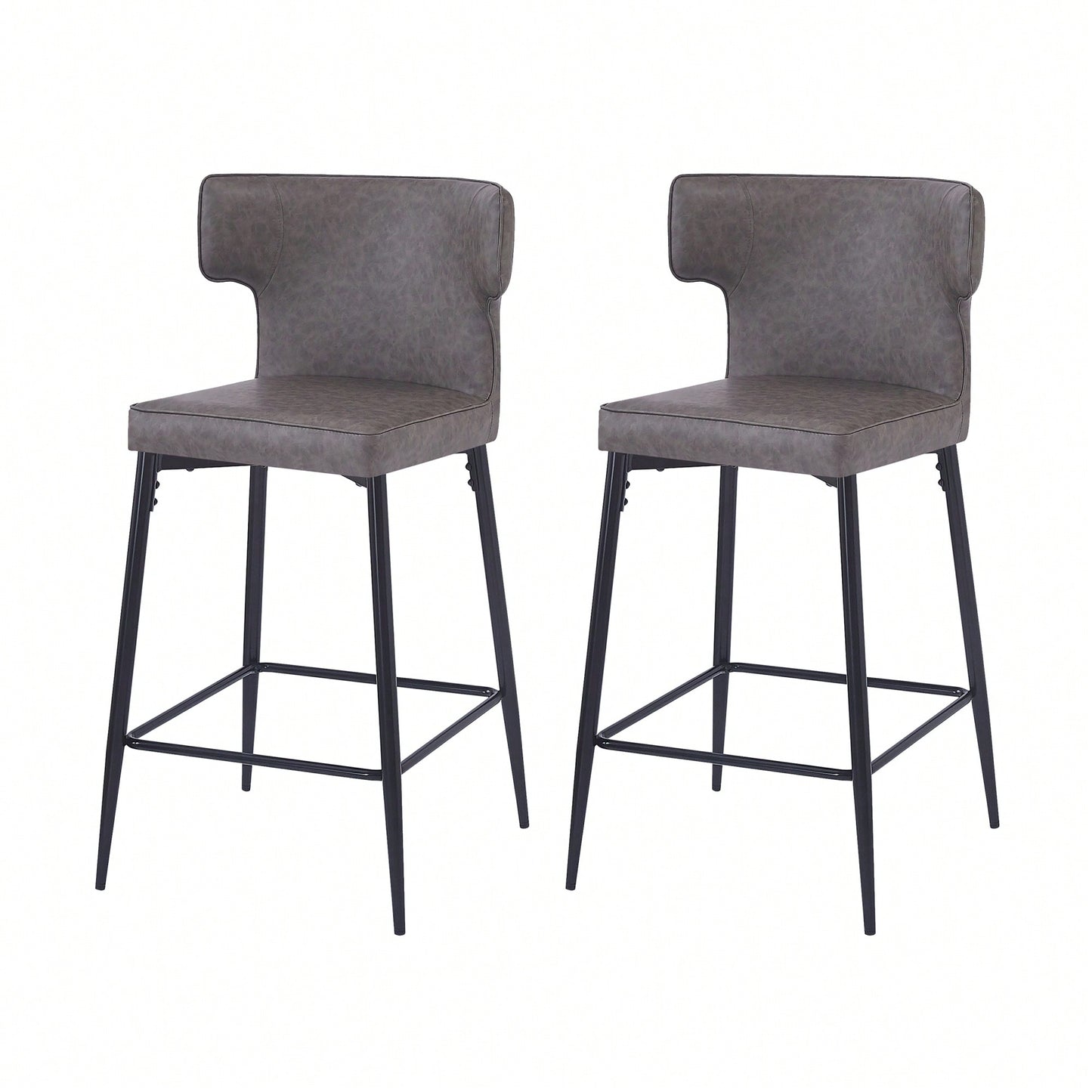 Modern 28 Inch Counter Height Bar Stools Set Of 2 With PU Leather Upholstery And Metal Footrest For Kitchen Island And Dining Room Gray