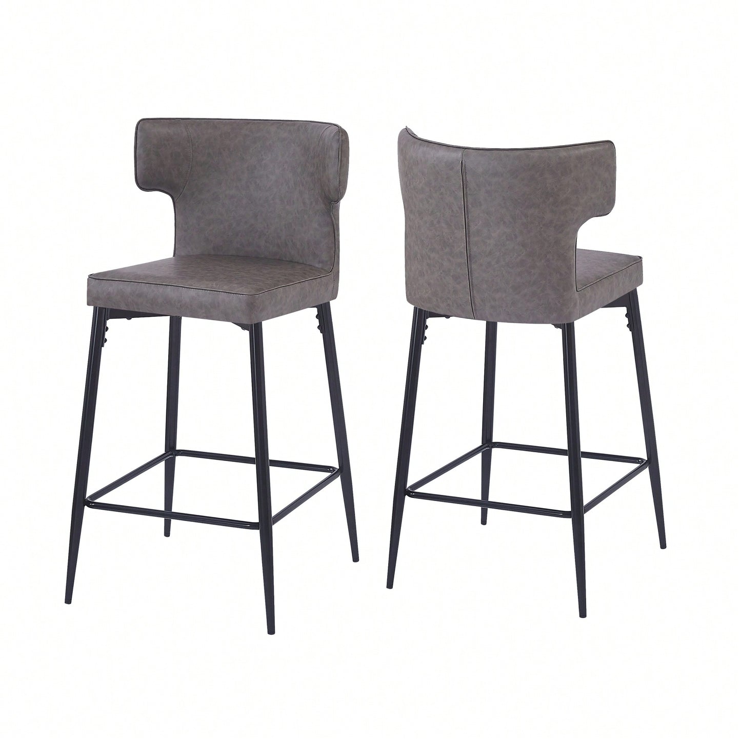 Modern 28 Inch Counter Height Bar Stools Set Of 2 With PU Leather Upholstery And Metal Footrest For Kitchen Island And Dining Room Gray