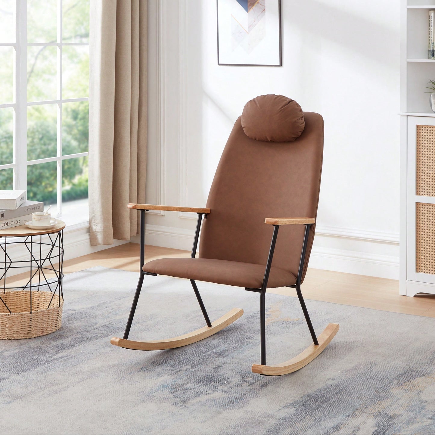 Adjustable Headrest Rocking Chair With High Backrest Modern Leather Upholstered Glider For Nursery Bedroom Living Room Comfort Brown
