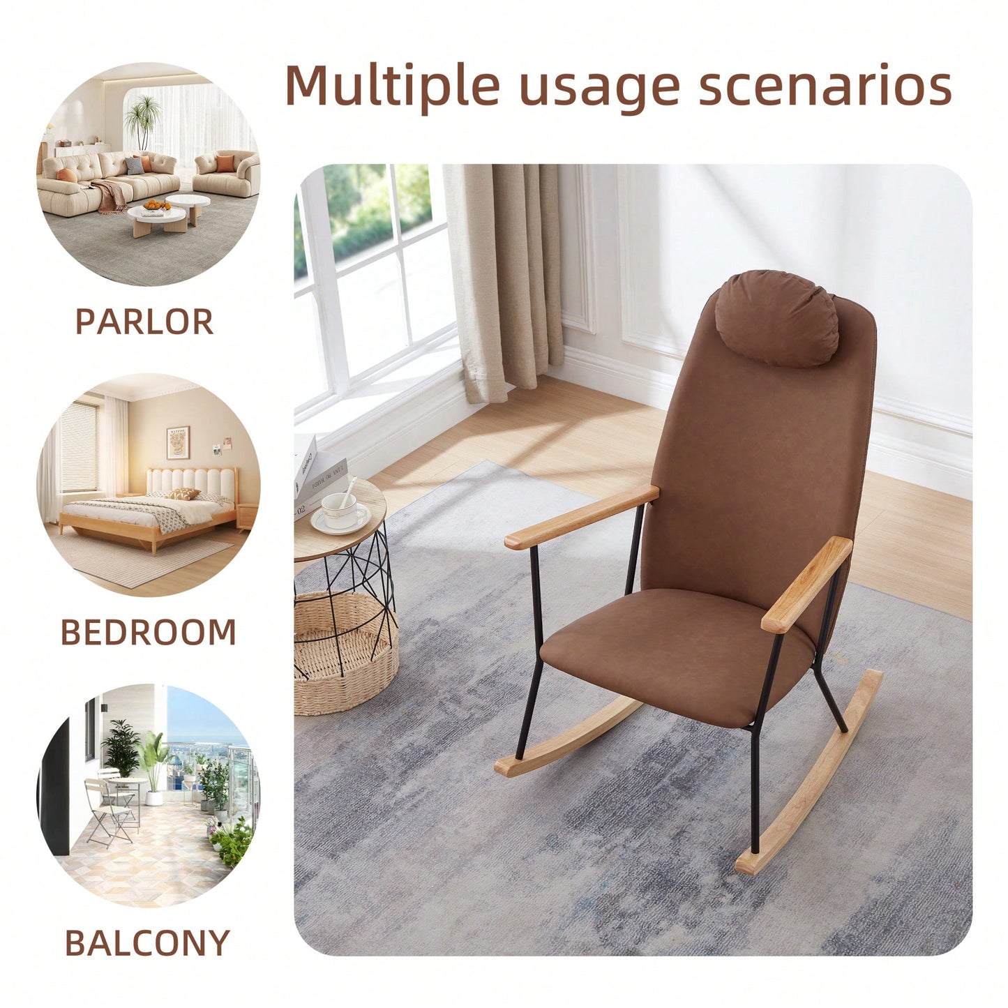 Adjustable Headrest Rocking Chair With High Backrest Modern Leather Upholstered Glider For Nursery Bedroom Living Room Comfort Brown