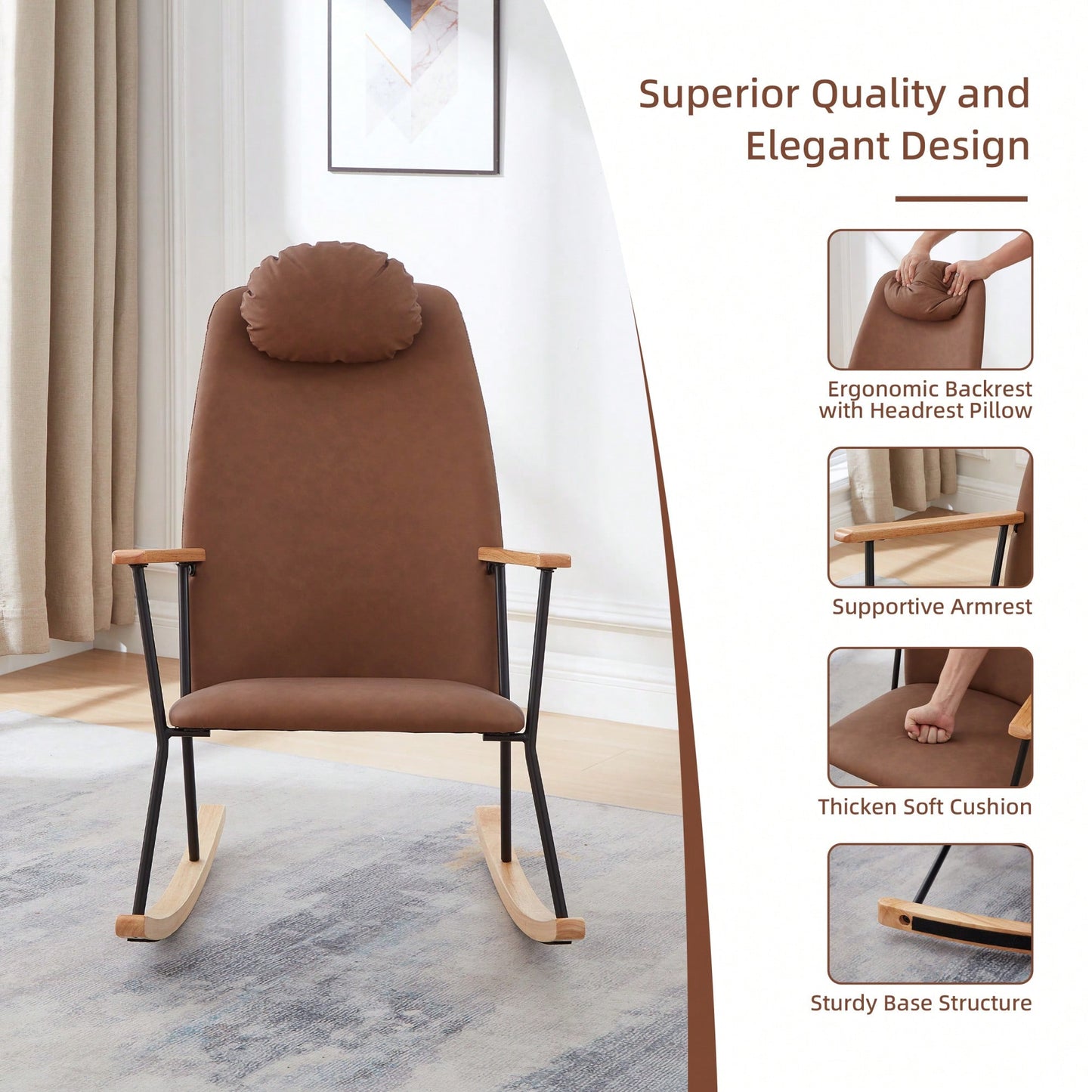 Adjustable Headrest Rocking Chair With High Backrest Modern Leather Upholstered Glider For Nursery Bedroom Living Room Comfort Brown