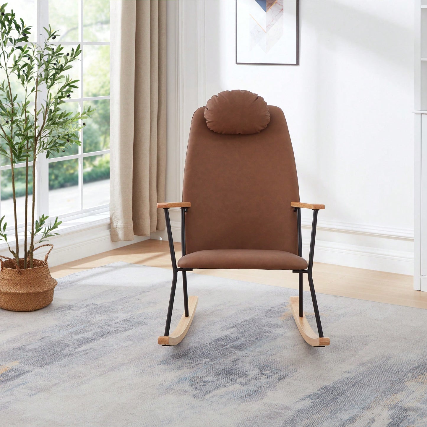 Adjustable Headrest Rocking Chair With High Backrest Modern Leather Upholstered Glider For Nursery Bedroom Living Room Comfort Brown