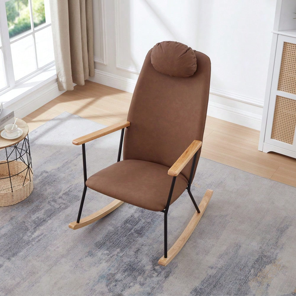 Adjustable Headrest Rocking Chair With High Backrest Modern Leather Upholstered Glider For Nursery Bedroom Living Room Comfort Brown