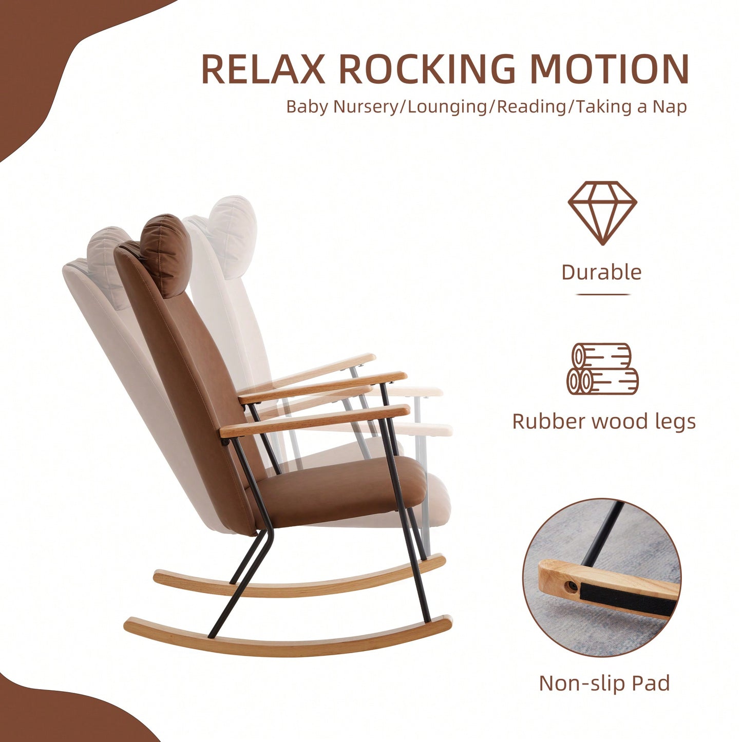Adjustable Headrest Rocking Chair With High Backrest Modern Leather Upholstered Glider For Nursery Bedroom Living Room Comfort Brown
