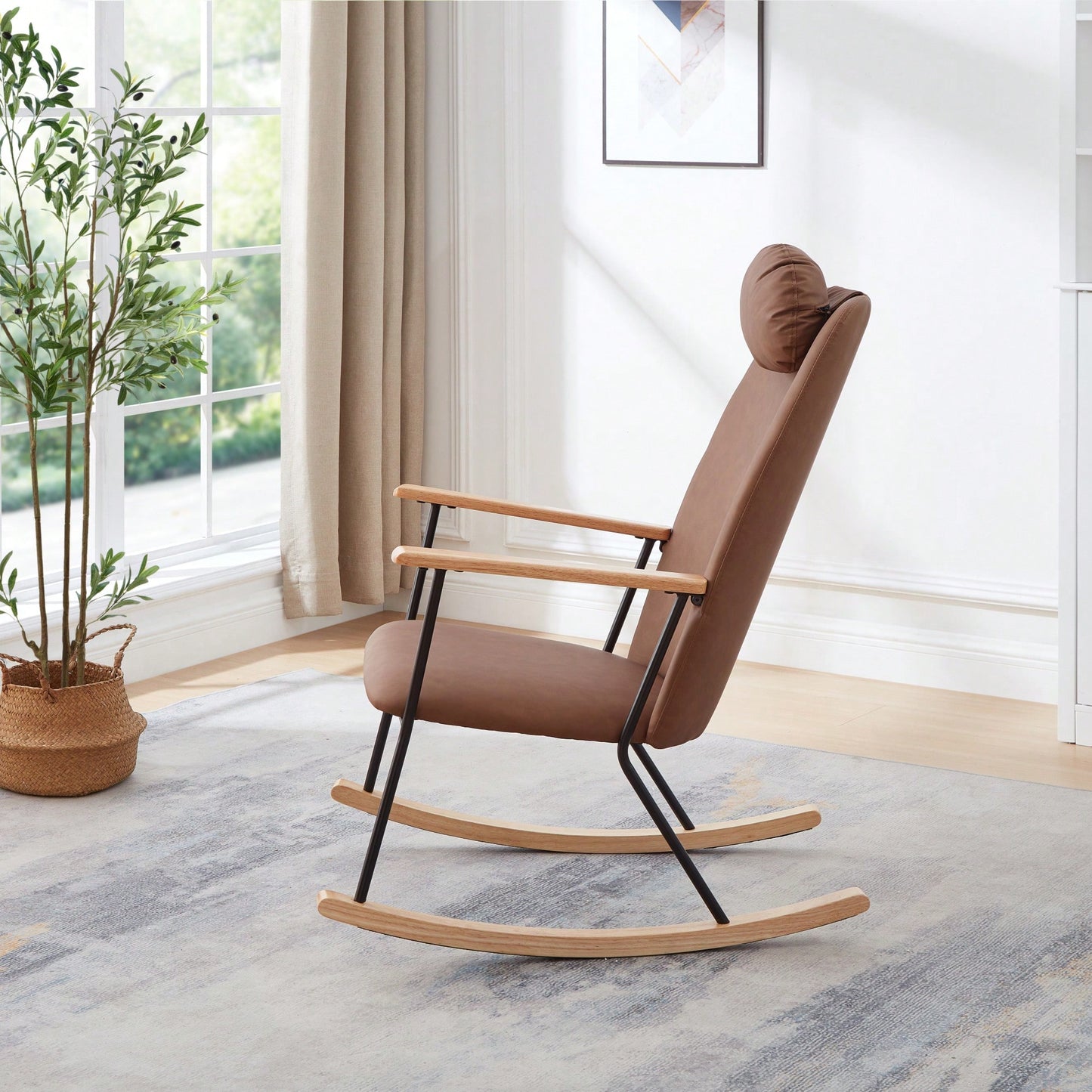 Adjustable Headrest Rocking Chair With High Backrest Modern Leather Upholstered Glider For Nursery Bedroom Living Room Comfort Brown