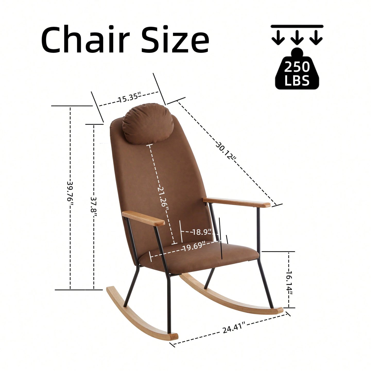 Adjustable Headrest Rocking Chair With High Backrest Modern Leather Upholstered Glider For Nursery Bedroom Living Room Comfort Brown