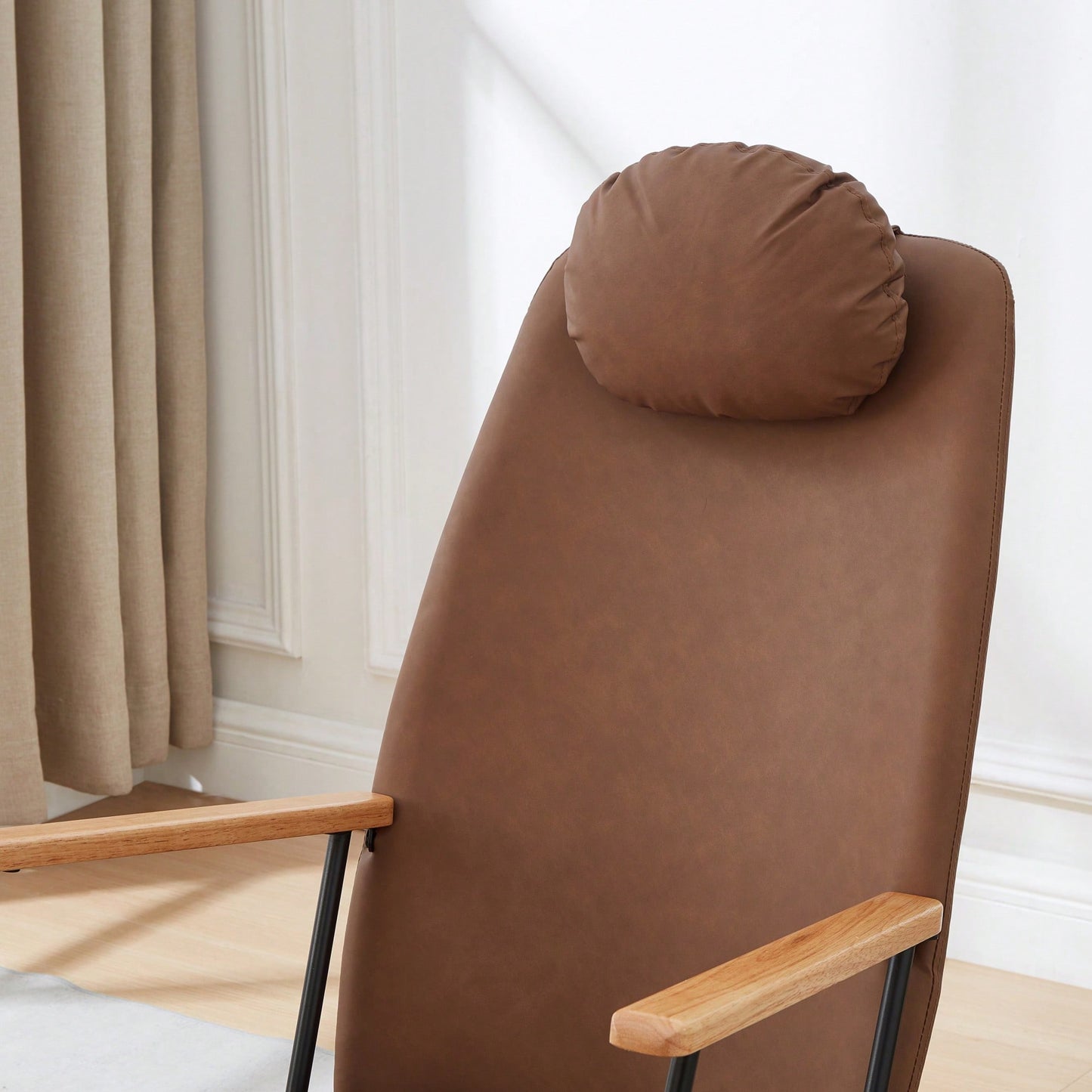 Adjustable Headrest Rocking Chair With High Backrest Modern Leather Upholstered Glider For Nursery Bedroom Living Room Comfort Brown