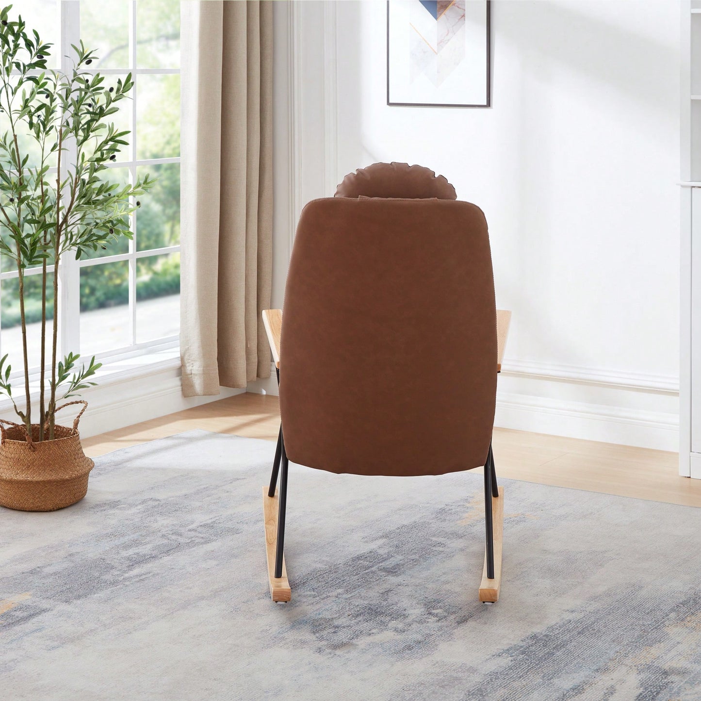 Adjustable Headrest Rocking Chair With High Backrest Modern Leather Upholstered Glider For Nursery Bedroom Living Room Comfort Brown
