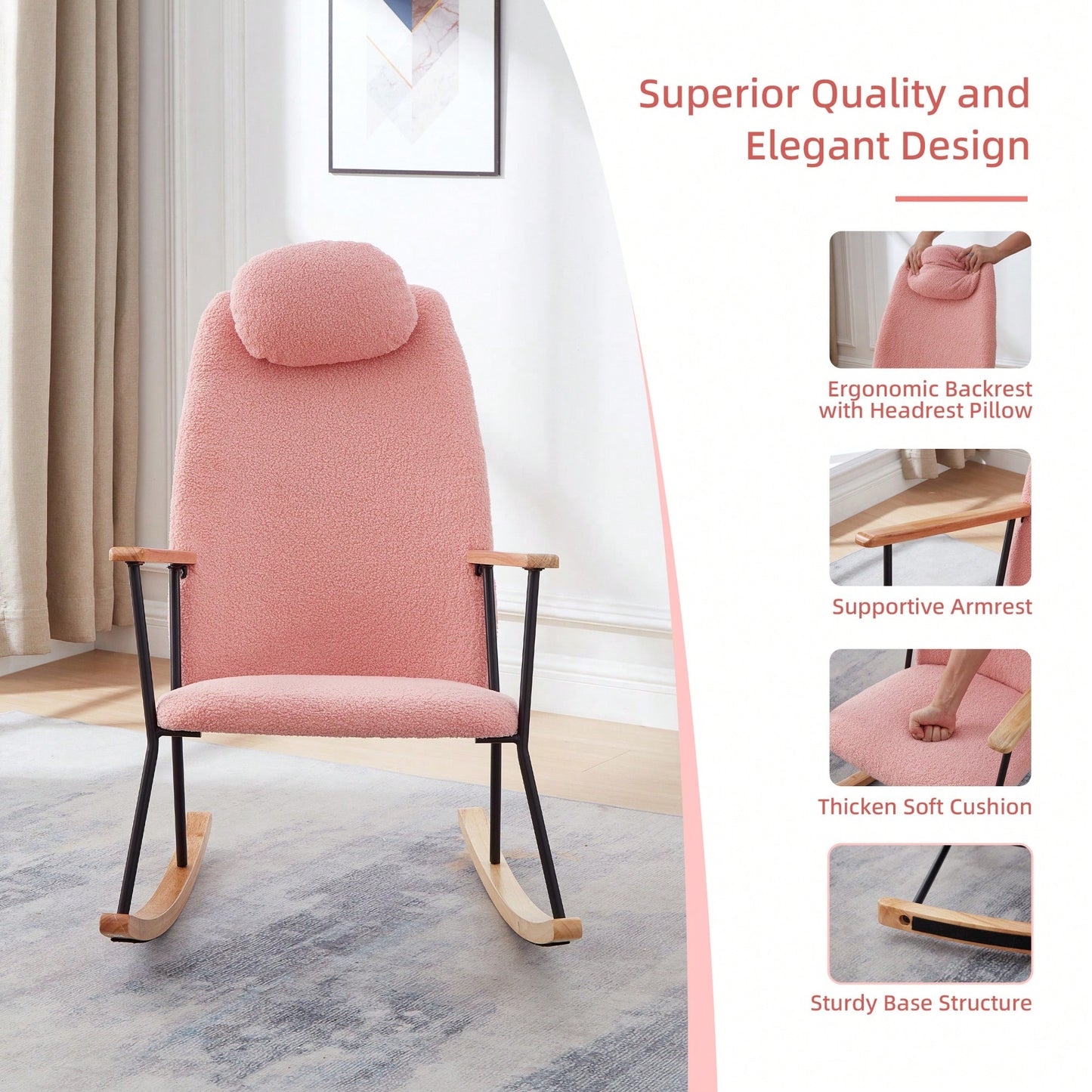 Adjustable Headrest Rocking Chair With High Backrest Modern Leather Upholstered Glider For Nursery Bedroom Living Room Comfort Brown