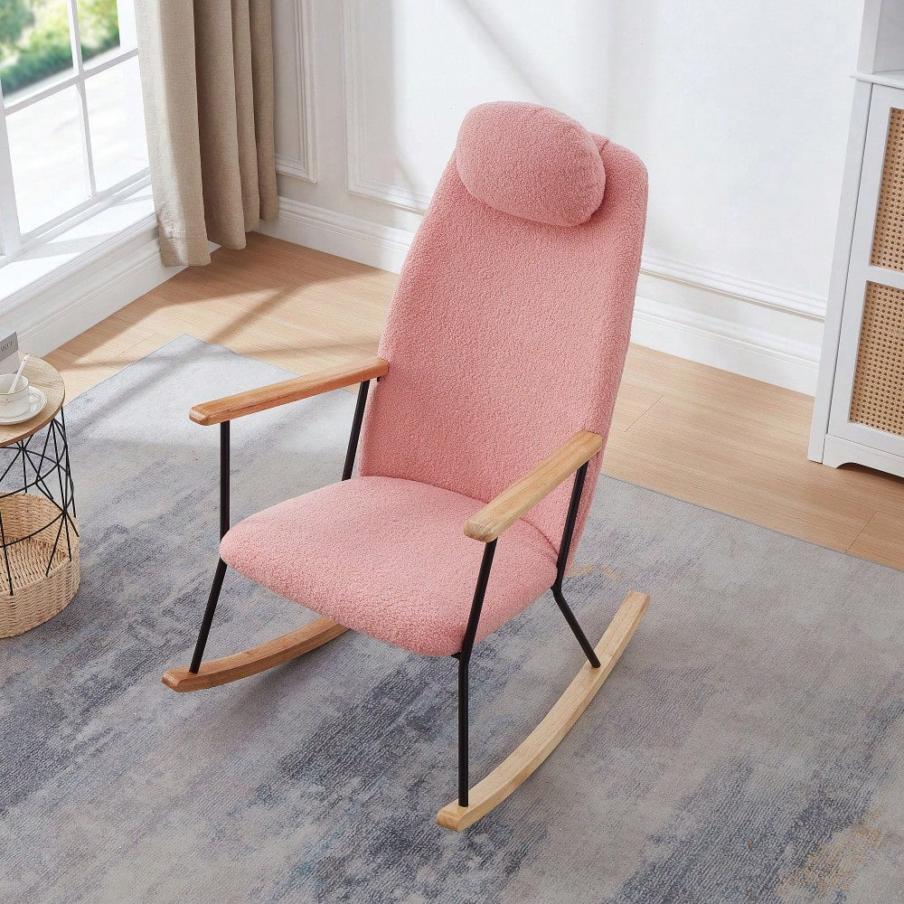 Adjustable Headrest Rocking Chair With High Backrest Modern Leather Upholstered Glider For Nursery Bedroom Living Room Comfort Brown