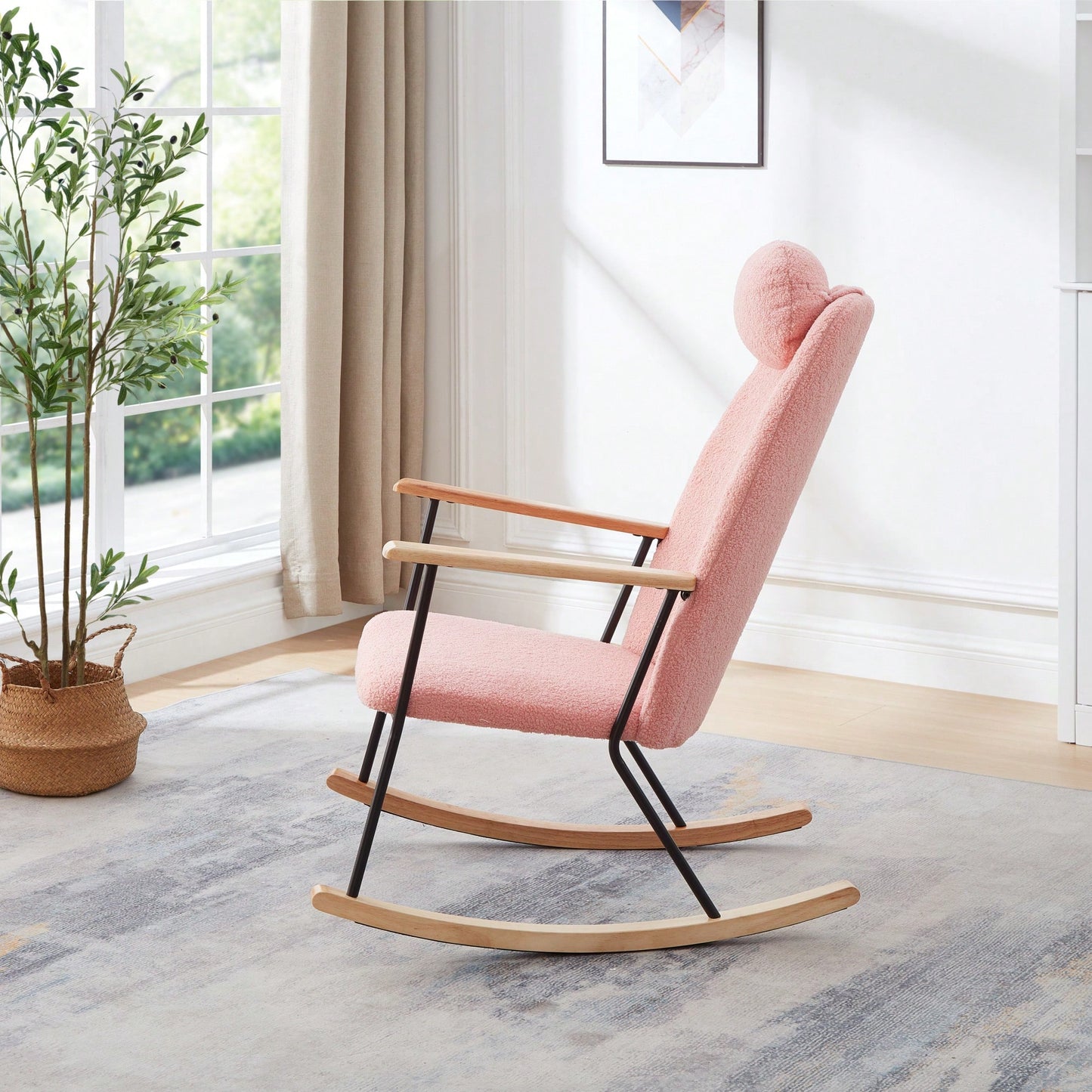 Adjustable Headrest Rocking Chair With High Backrest Modern Leather Upholstered Glider For Nursery Bedroom Living Room Comfort Brown