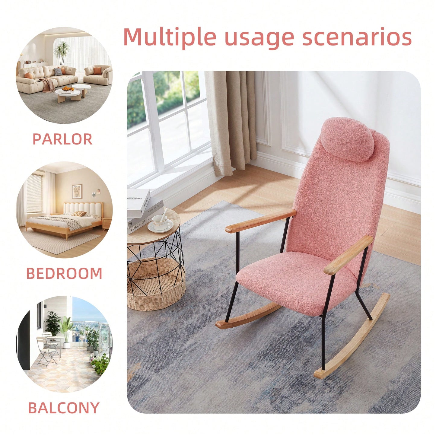 Adjustable Headrest Rocking Chair With High Backrest Modern Leather Upholstered Glider For Nursery Bedroom Living Room Comfort Brown