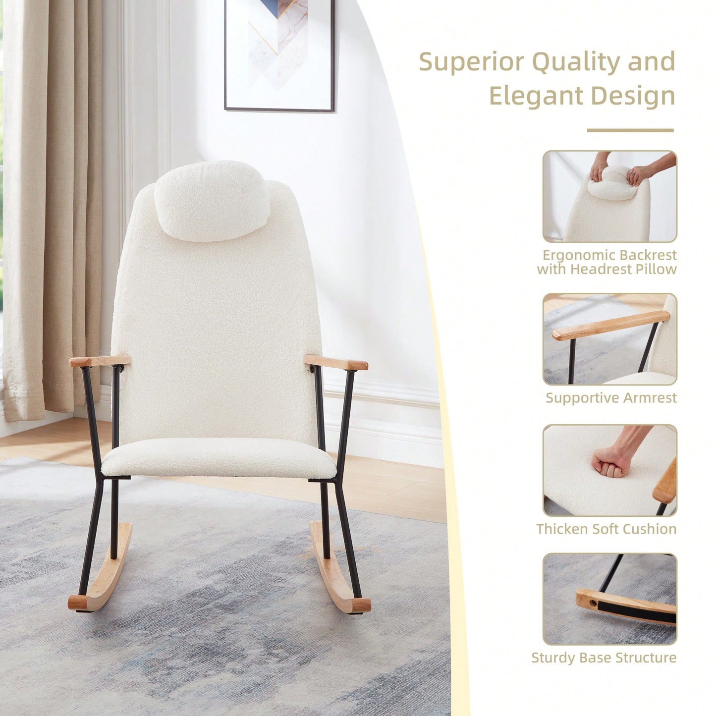 Adjustable Headrest Rocking Chair With High Backrest Modern Leather Upholstered Glider For Nursery Bedroom Living Room Comfort Brown