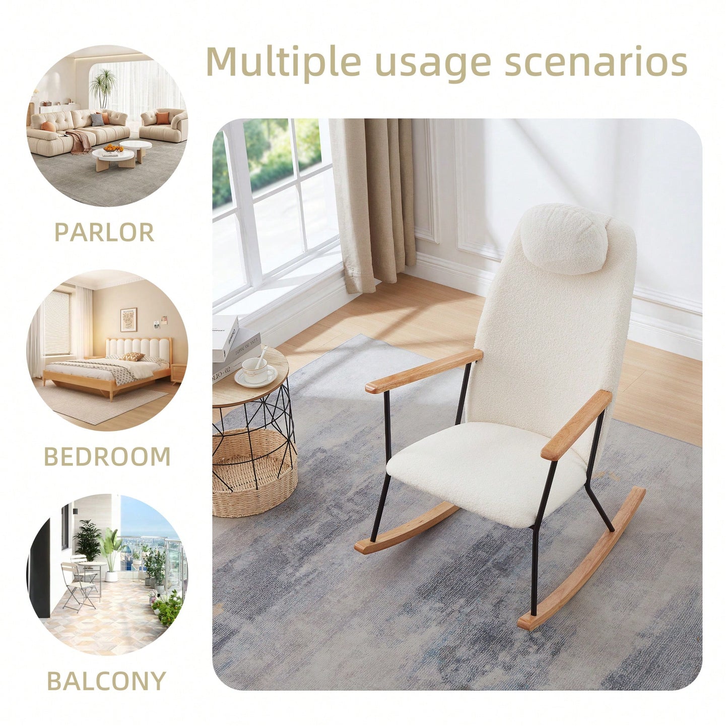 Adjustable Headrest Rocking Chair With High Backrest Modern Leather Upholstered Glider For Nursery Bedroom Living Room Comfort Brown