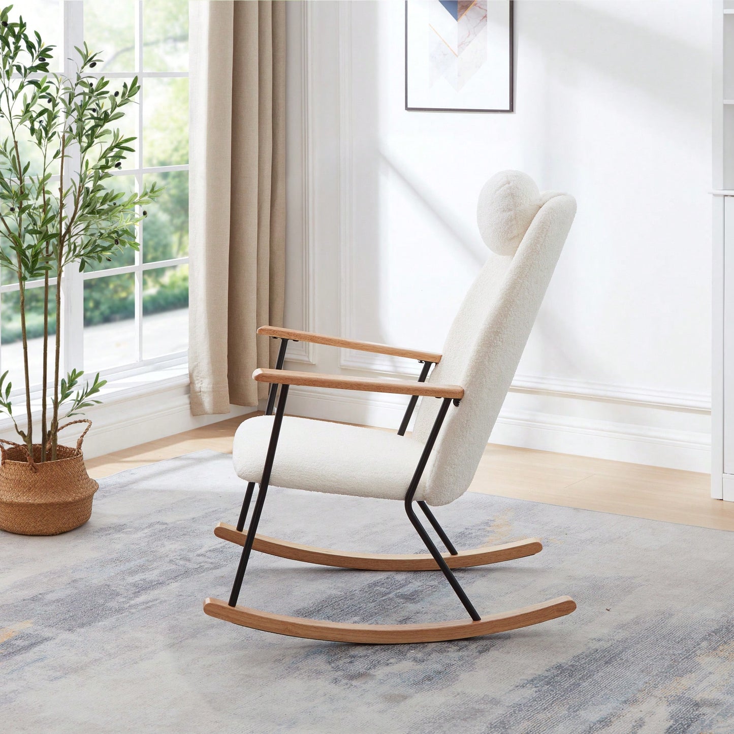 Adjustable Headrest Rocking Chair With High Backrest Modern Leather Upholstered Glider For Nursery Bedroom Living Room Comfort Brown