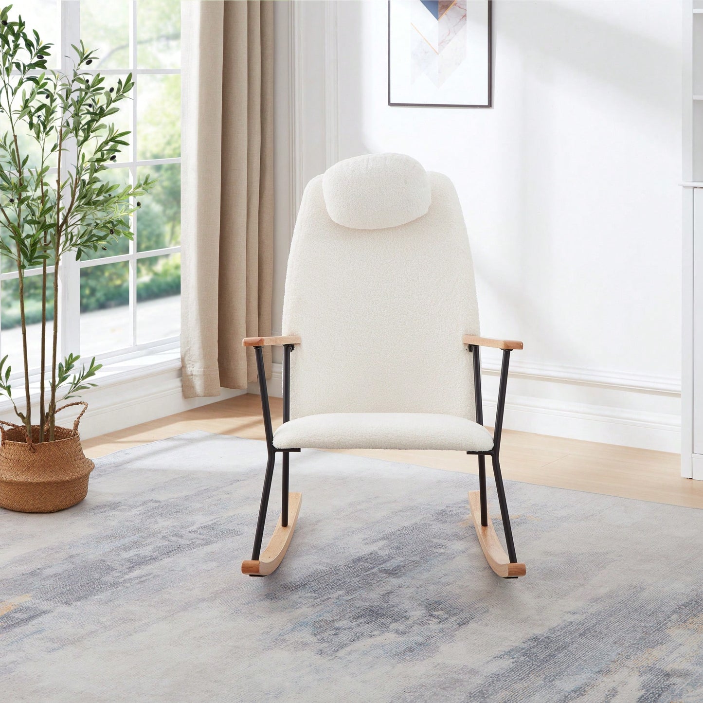 Adjustable Headrest Rocking Chair With High Backrest Modern Leather Upholstered Glider For Nursery Bedroom Living Room Comfort Brown
