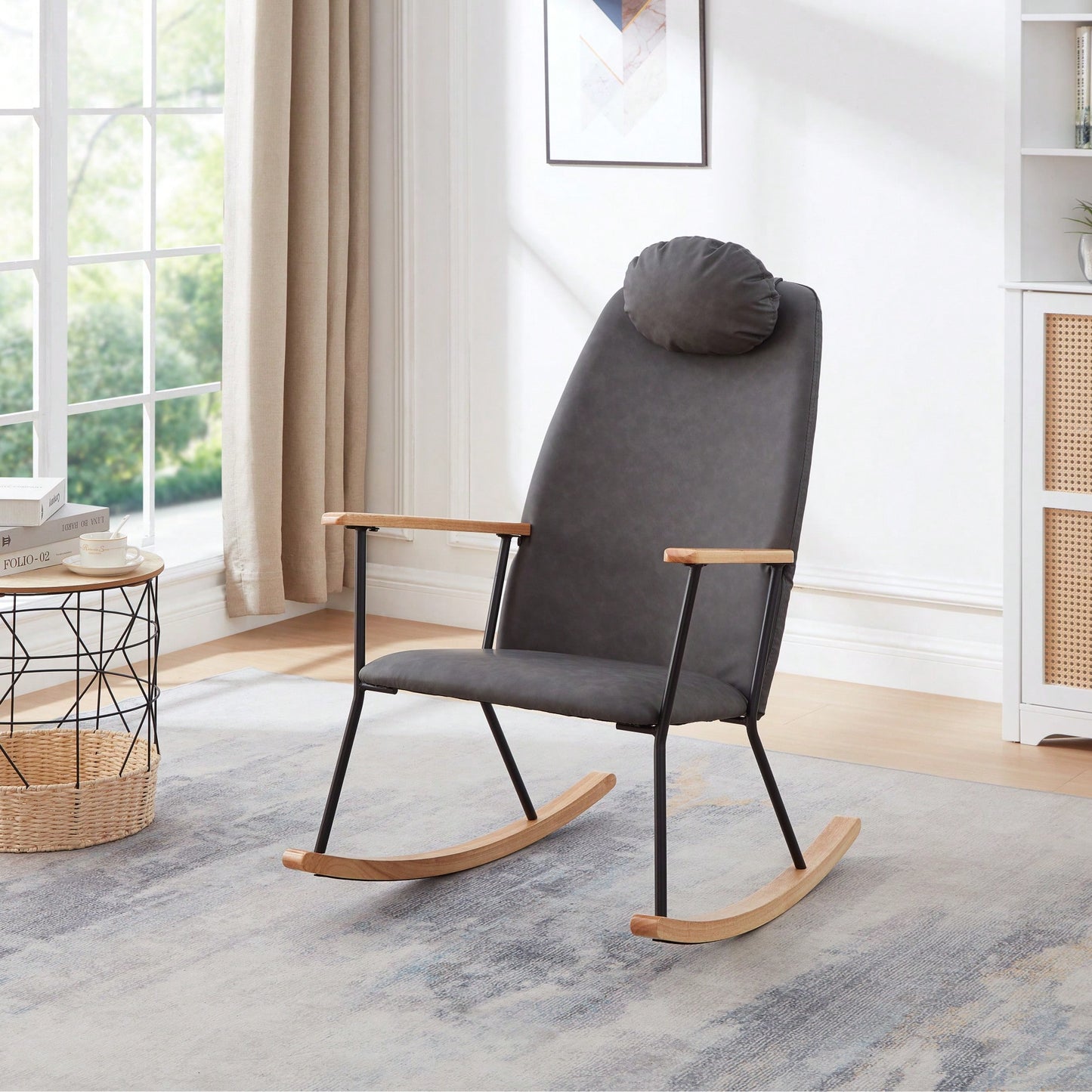Adjustable Headrest Rocking Chair With High Backrest Modern Leather Upholstered Glider For Nursery Bedroom Living Room Comfort Brown