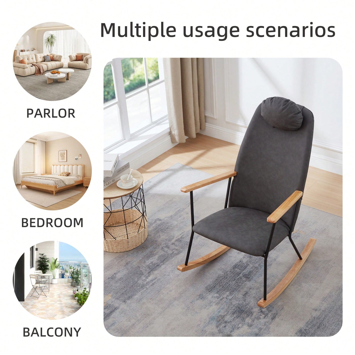 Adjustable Headrest Rocking Chair With High Backrest Modern Leather Upholstered Glider For Nursery Bedroom Living Room Comfort Brown