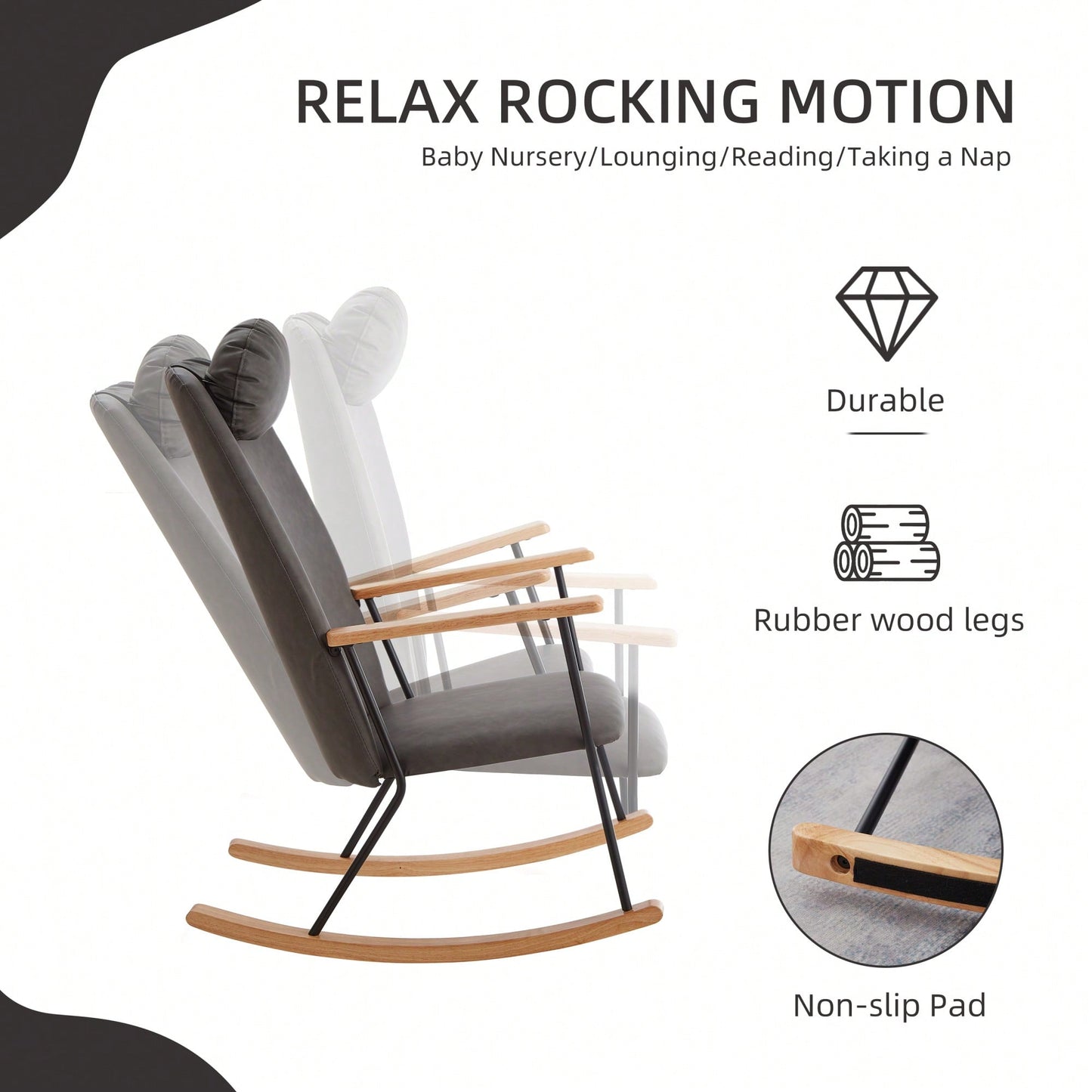 Adjustable Headrest Rocking Chair With High Backrest Modern Leather Upholstered Glider For Nursery Bedroom Living Room Comfort Brown