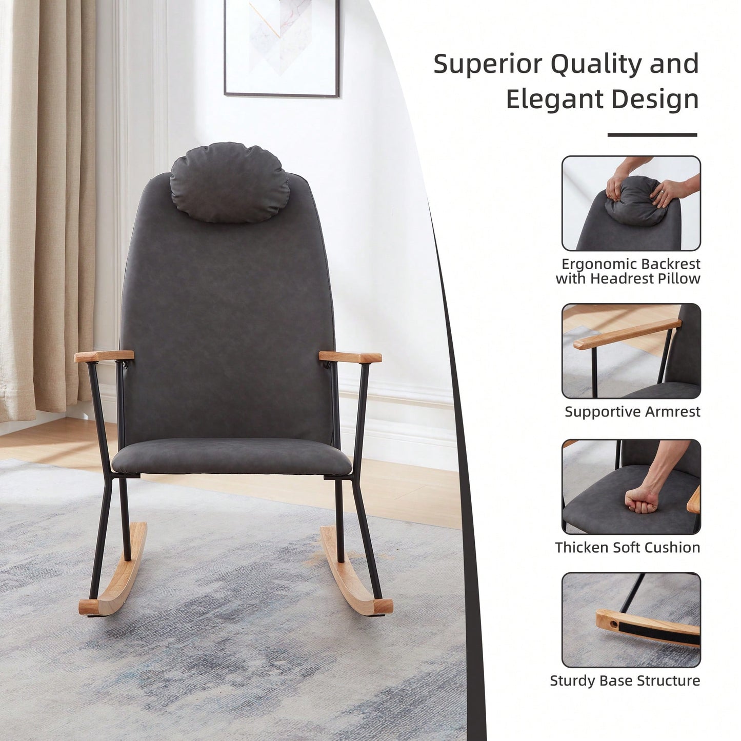 Adjustable Headrest Rocking Chair With High Backrest Modern Leather Upholstered Glider For Nursery Bedroom Living Room Comfort Brown