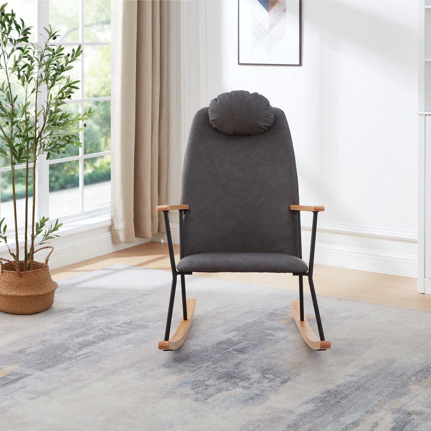 Adjustable Headrest Rocking Chair With High Backrest Modern Leather Upholstered Glider For Nursery Bedroom Living Room Comfort Brown