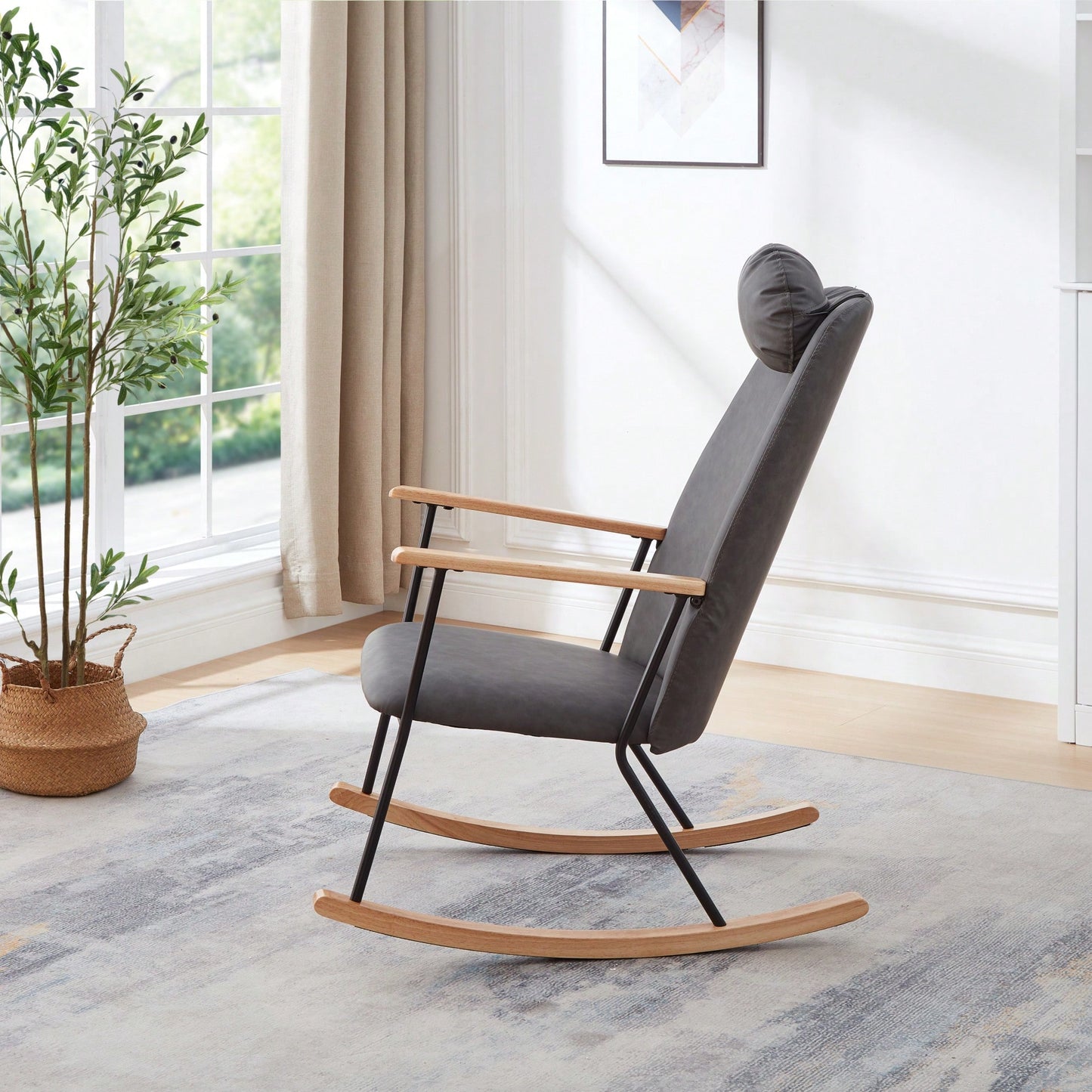 Adjustable Headrest Rocking Chair With High Backrest Modern Leather Upholstered Glider For Nursery Bedroom Living Room Comfort Brown