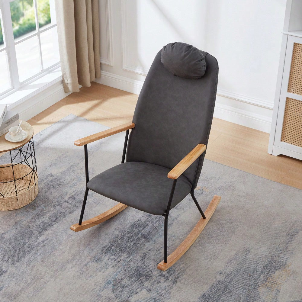 Adjustable Headrest Rocking Chair With High Backrest Modern Leather Upholstered Glider For Nursery Bedroom Living Room Comfort Brown