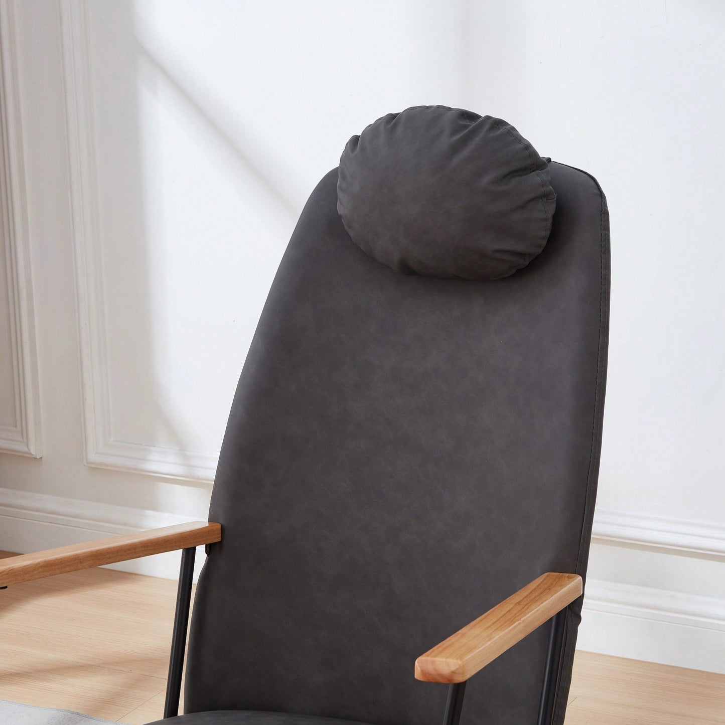 Adjustable Headrest Rocking Chair With High Backrest Modern Leather Upholstered Glider For Nursery Bedroom Living Room Comfort Brown