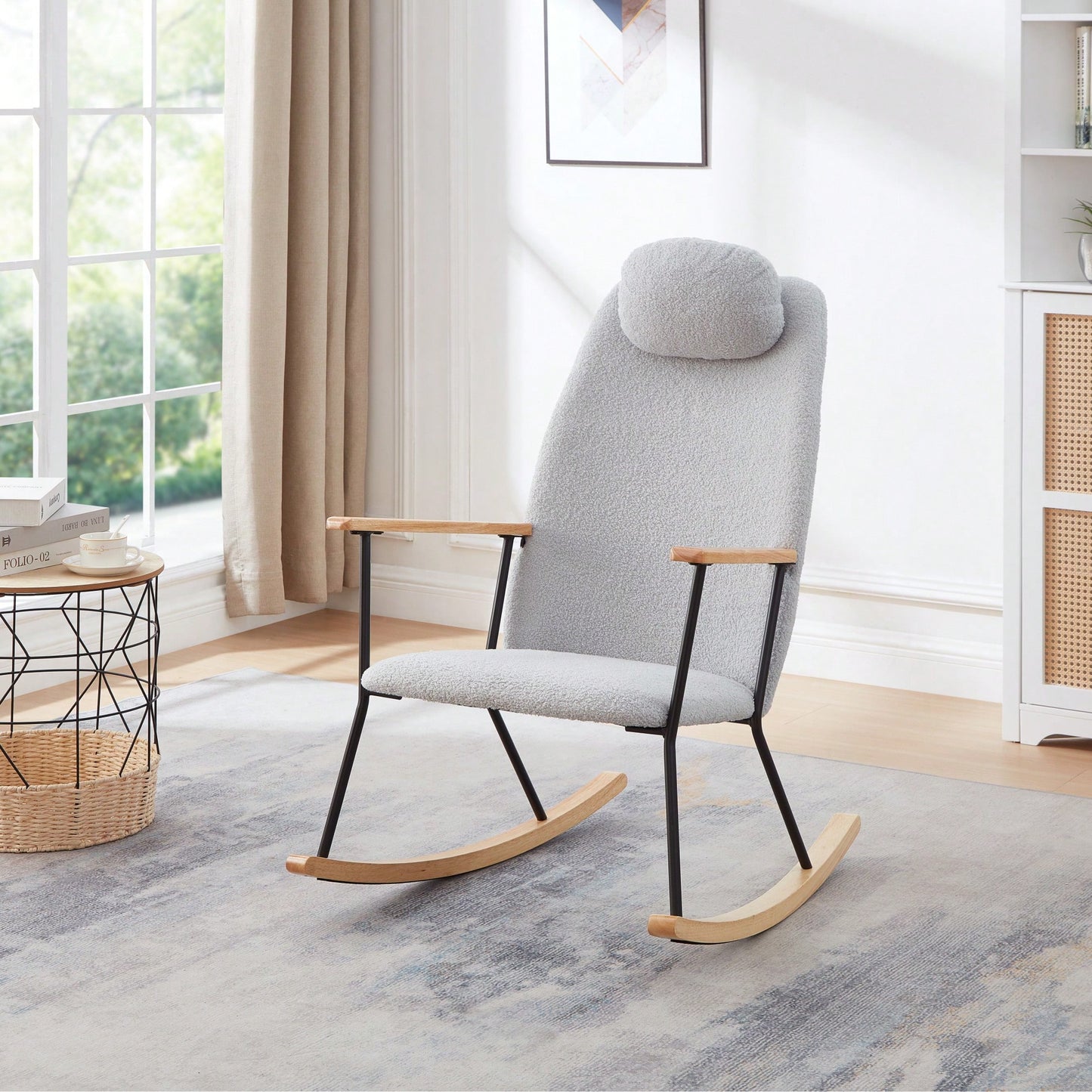 Adjustable Headrest Rocking Chair With High Backrest Modern Leather Upholstered Glider For Nursery Bedroom Living Room Comfort Brown