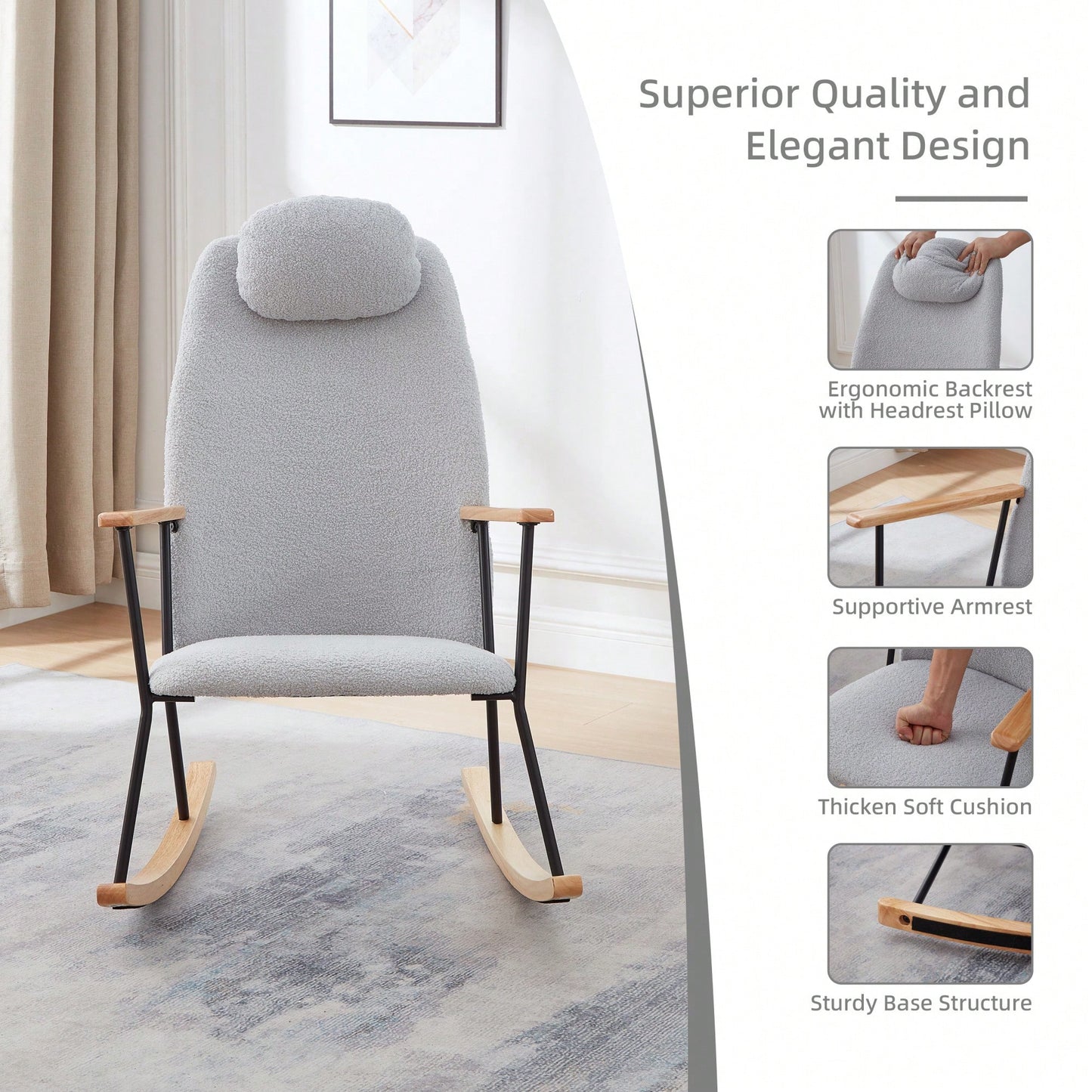 Adjustable Headrest Rocking Chair With High Backrest Modern Leather Upholstered Glider For Nursery Bedroom Living Room Comfort Brown