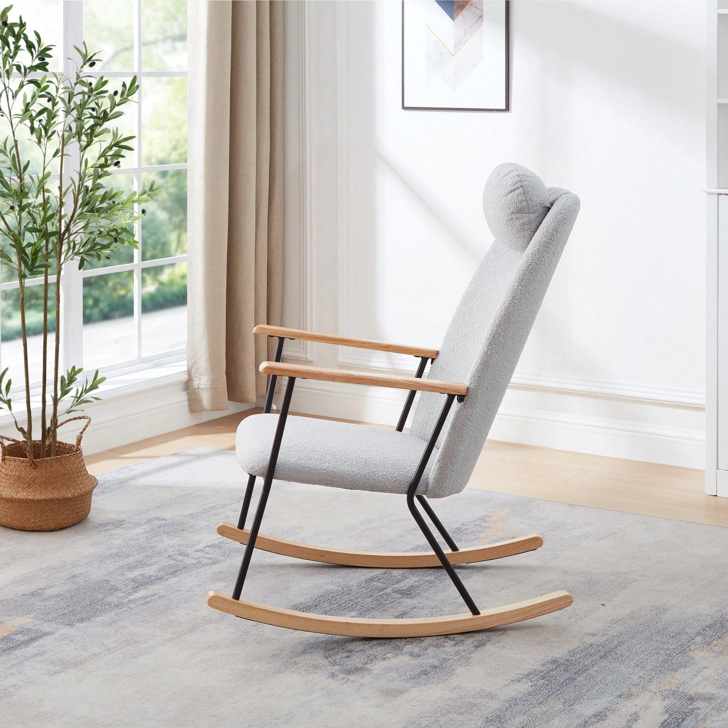 Adjustable Headrest Rocking Chair With High Backrest Modern Leather Upholstered Glider For Nursery Bedroom Living Room Comfort Brown