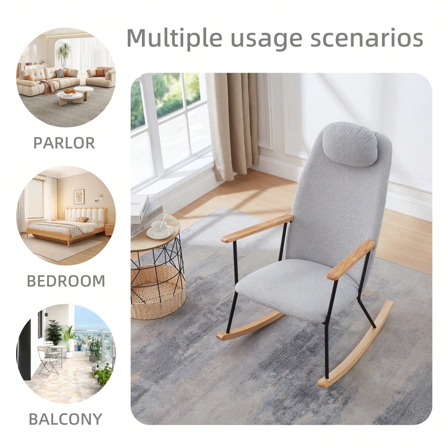 Adjustable Headrest Rocking Chair With High Backrest Modern Leather Upholstered Glider For Nursery Bedroom Living Room Comfort Brown