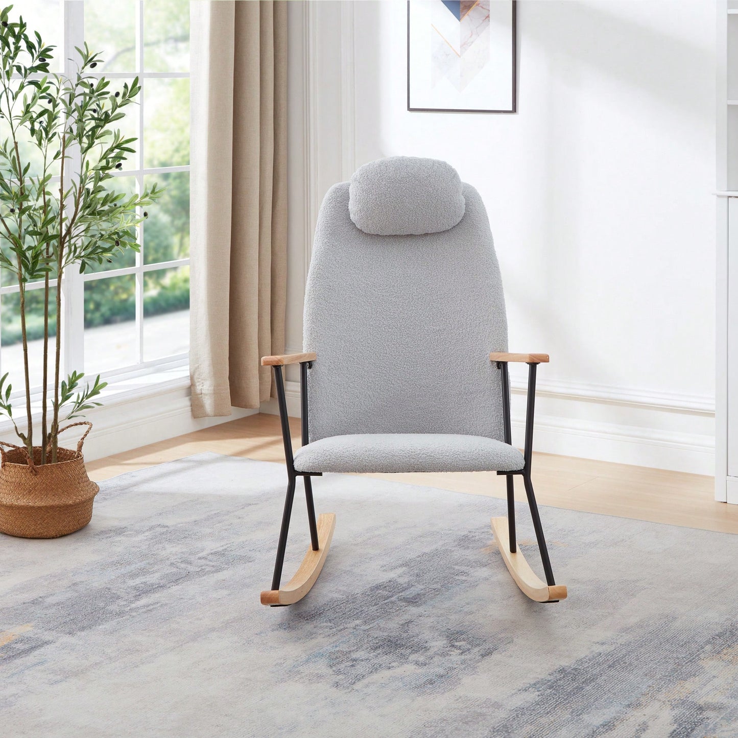 Adjustable Headrest Rocking Chair With High Backrest Modern Leather Upholstered Glider For Nursery Bedroom Living Room Comfort Brown