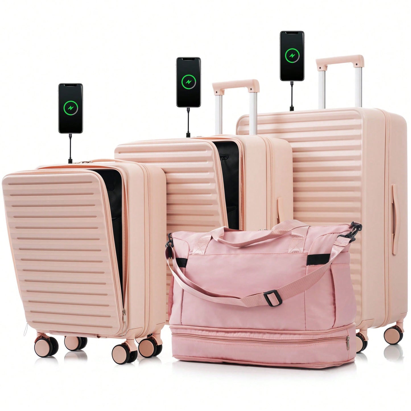 4 Piece Hard Shell Luggage Set With Front Pocket TSA Lock USB Port Universal Wheels Black Carry-On Bags 20 24 28 Inch