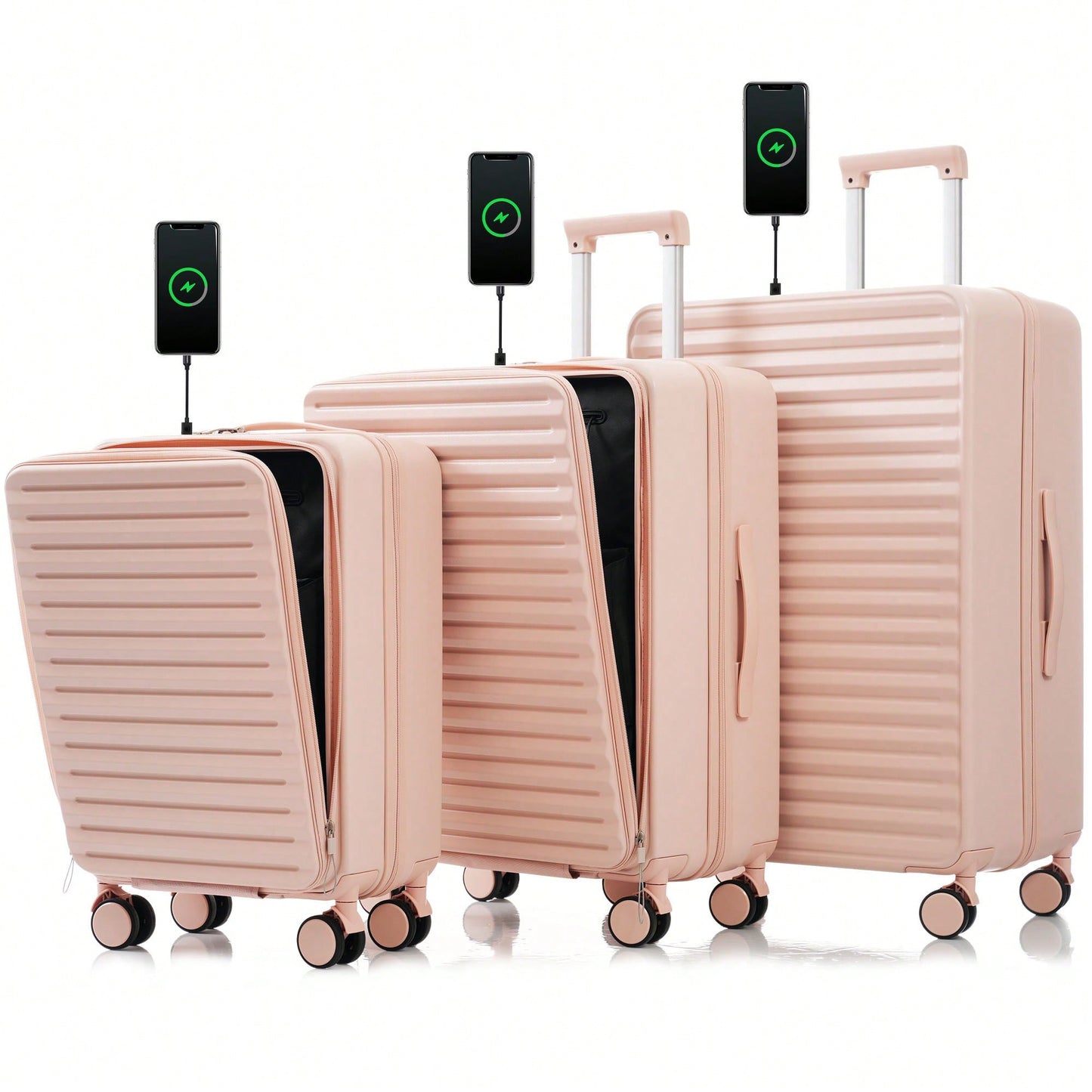 4 Piece Hard Shell Luggage Set With Front Pocket TSA Lock USB Port Universal Wheels Black Carry-On Bags 20 24 28 Inch