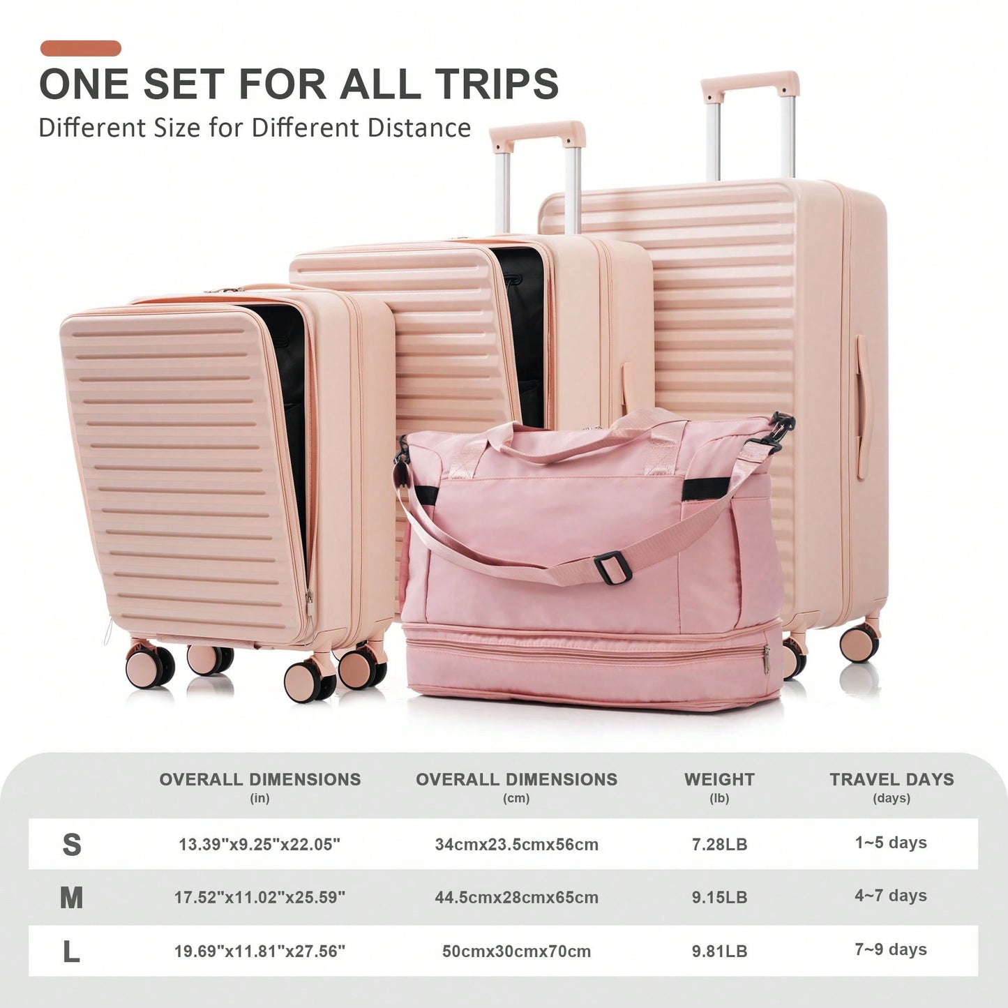 4 Piece Hard Shell Luggage Set With Front Pocket TSA Lock USB Port Universal Wheels Black Carry-On Bags 20 24 28 Inch