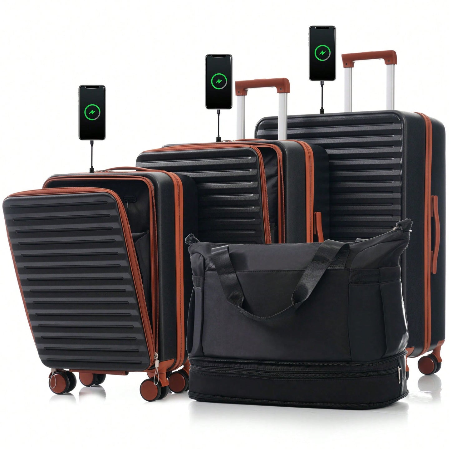 4 Piece Hard Shell Luggage Set With Front Pocket TSA Lock USB Port Universal Wheels Black Carry-On Bags 20 24 28 Inch