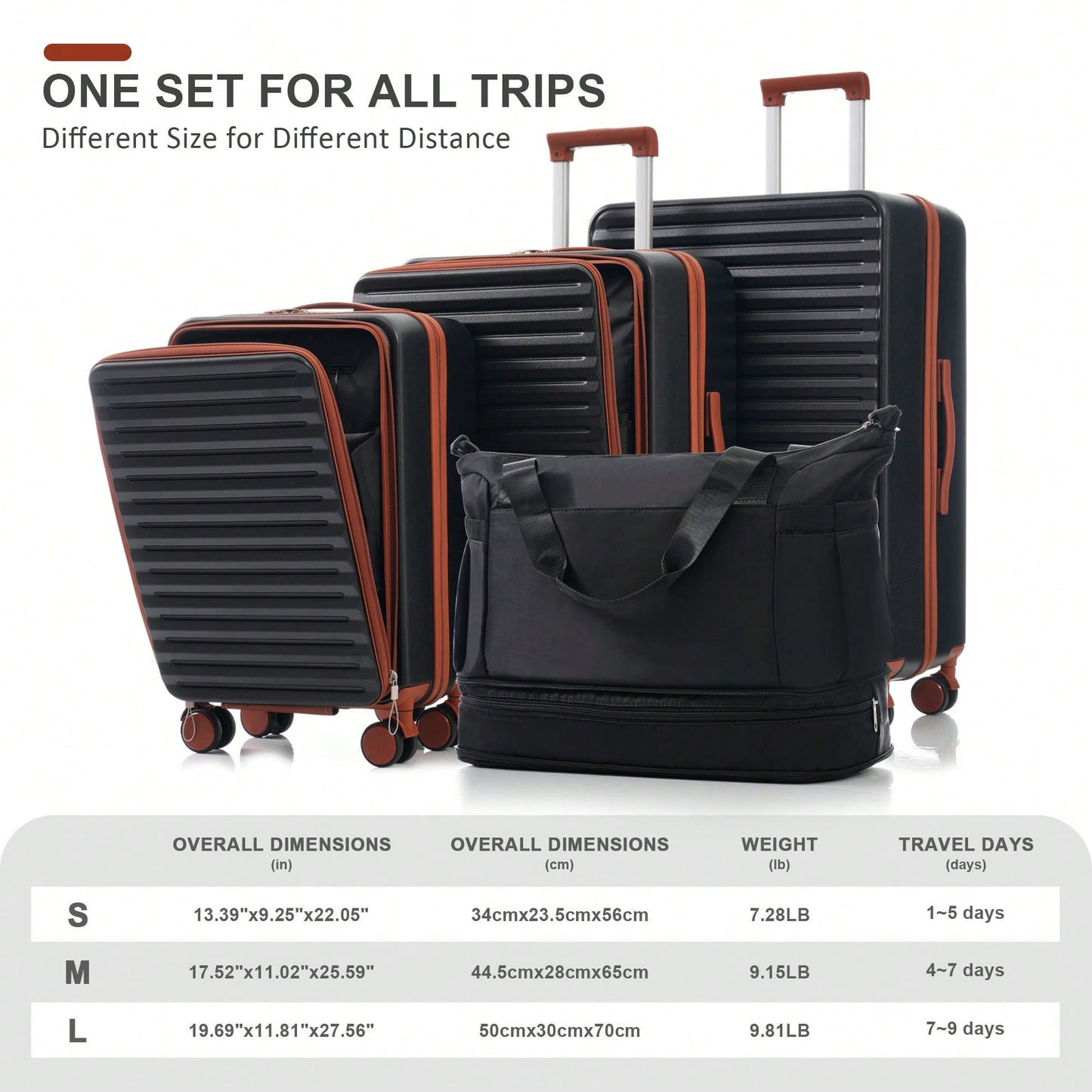4 Piece Hard Shell Luggage Set With Front Pocket TSA Lock USB Port Universal Wheels Black Carry-On Bags 20 24 28 Inch